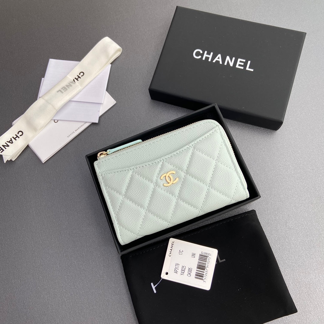 Chanel 2026 Quilted Card Holder 13cm Light Blue Grained Calfskin
