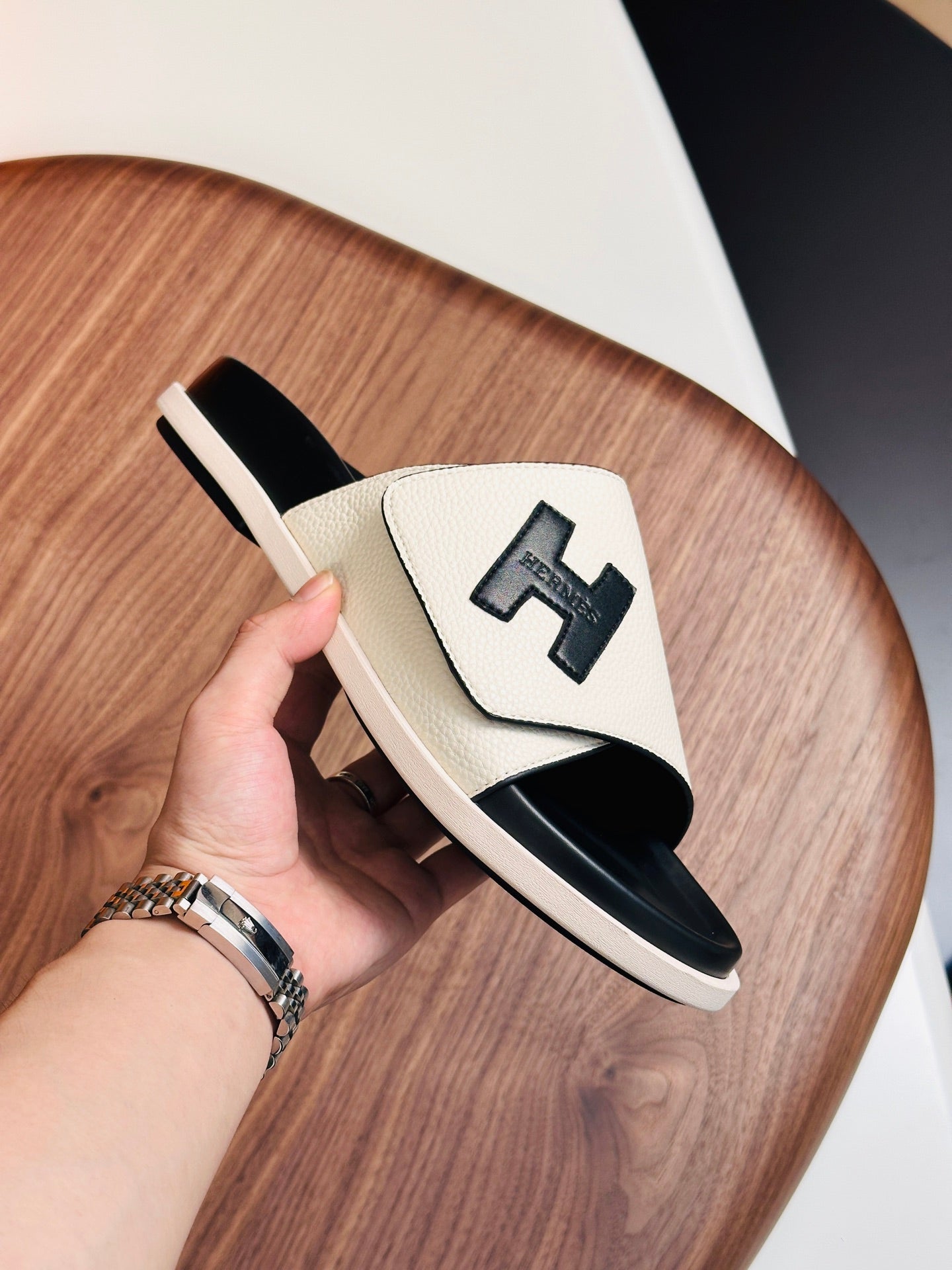 HM Men's Slide White Black Cowhide 684845
