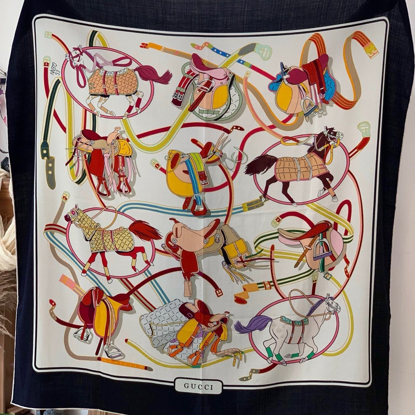 GG Horsebit 135CM White Black Cashmere Silk 275260