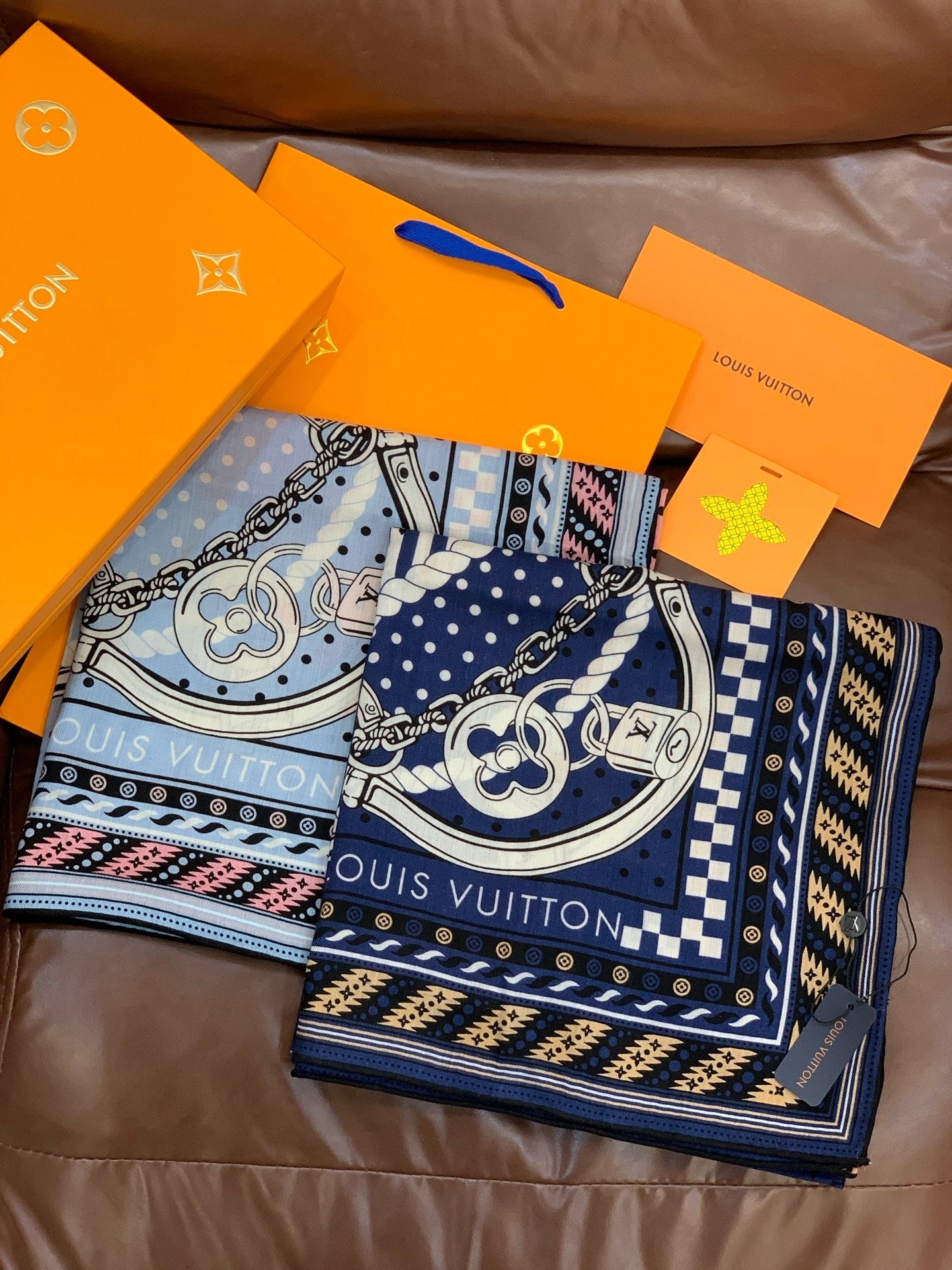LV X TM Scarf 135CM Blue Beige Cashmere 293198