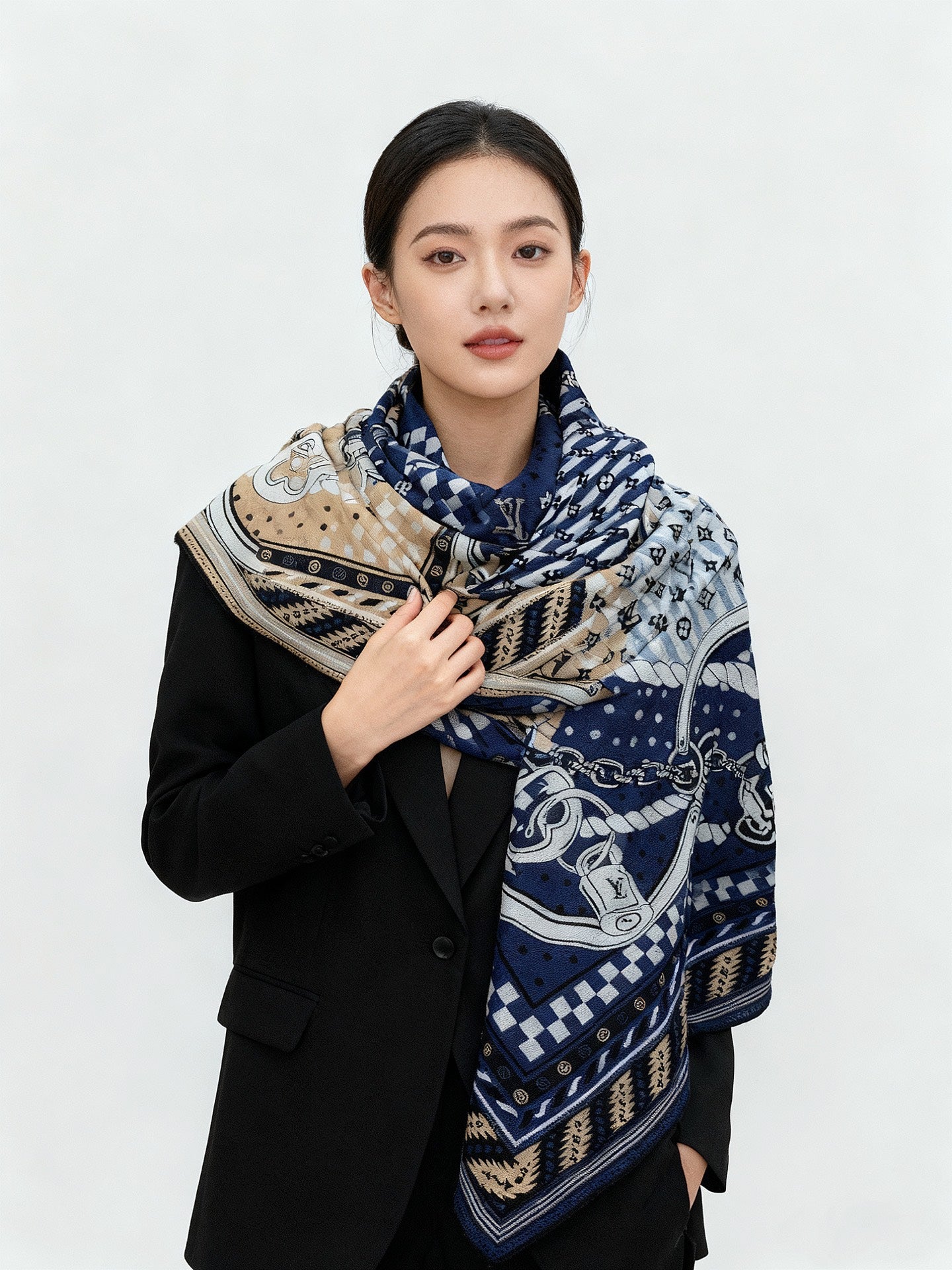 LV X TM Scarf 135CM Blue Beige Cashmere 293198