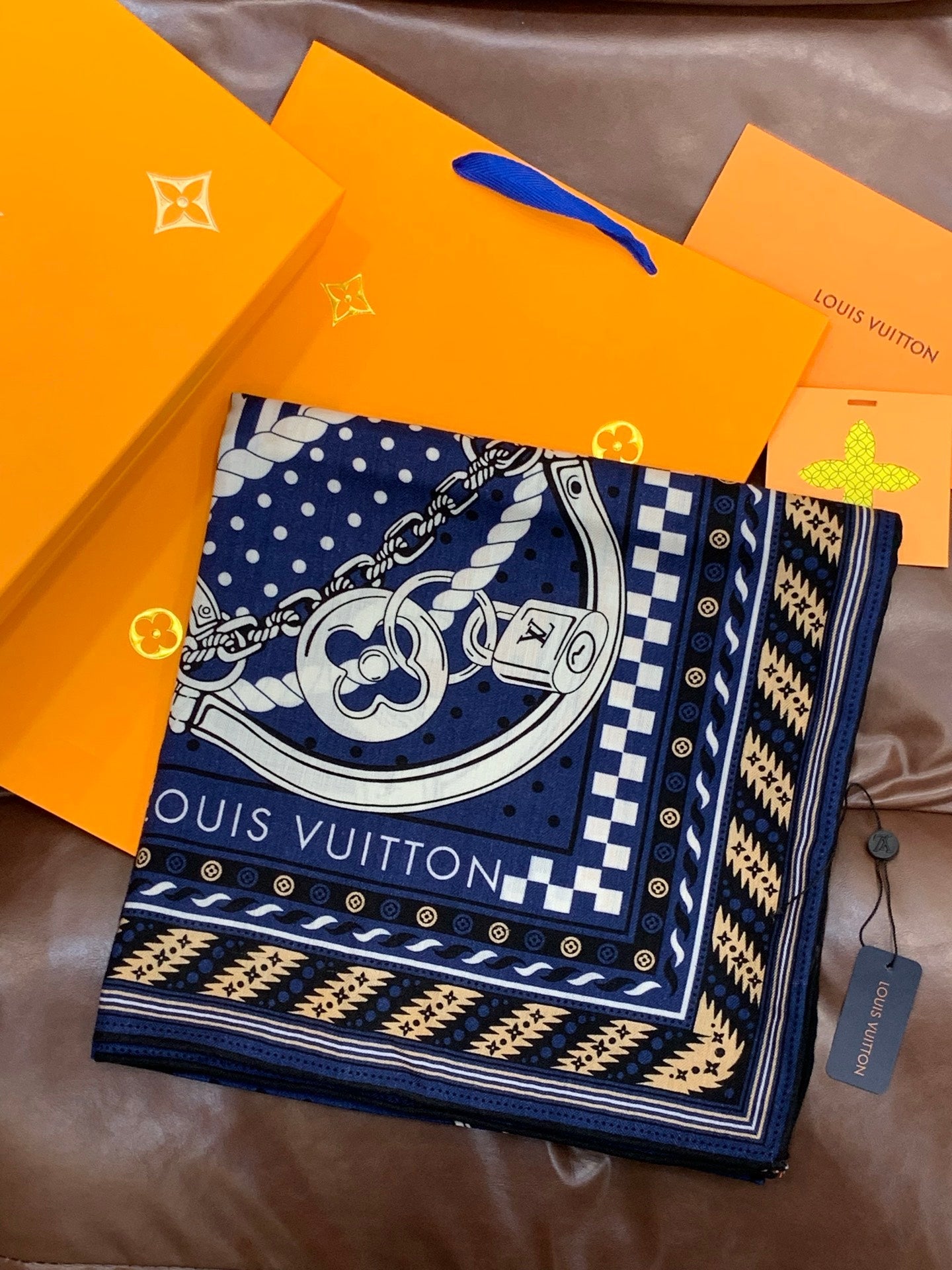 LV X TM Scarf 135CM Blue Beige Cashmere 293198