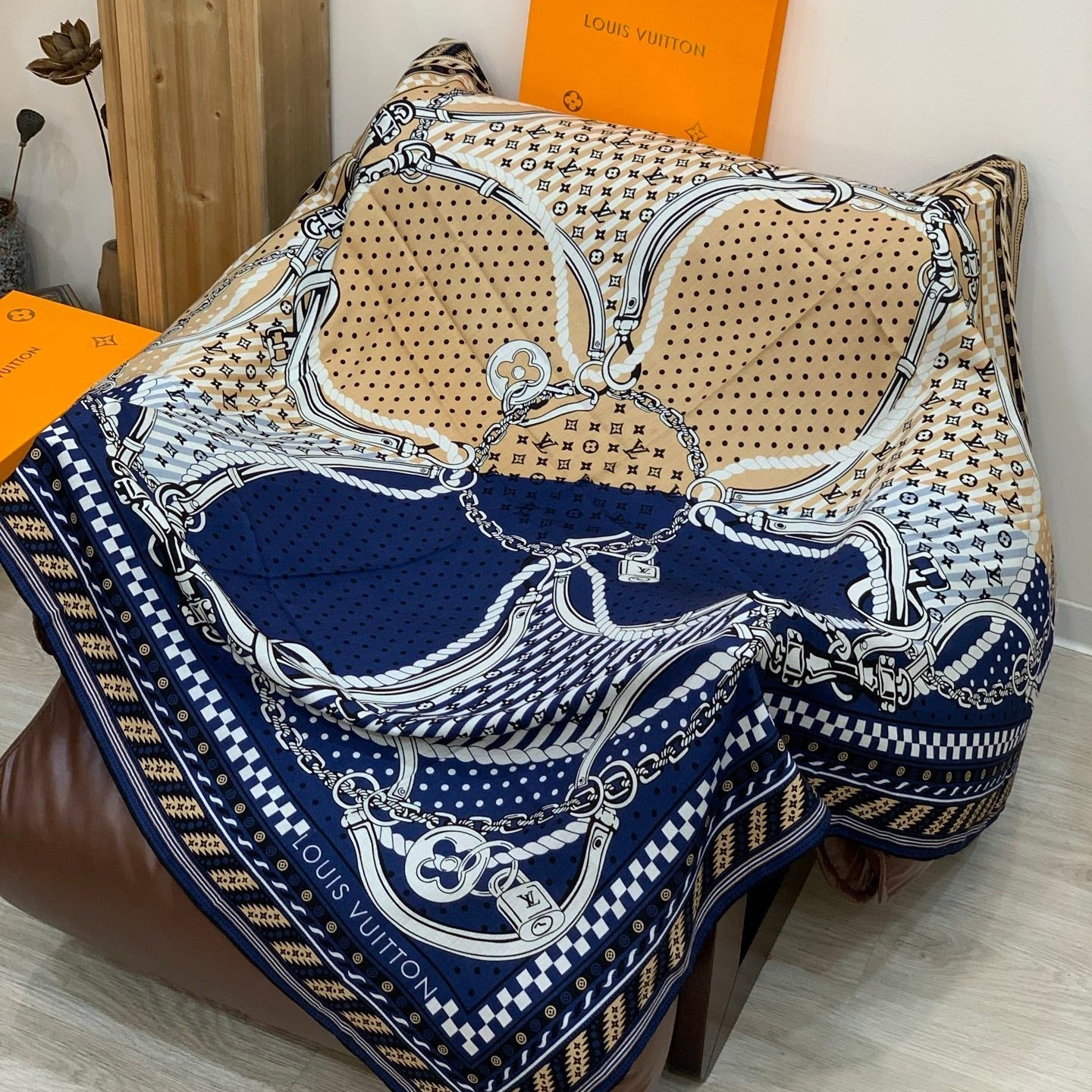 LV X TM Scarf 135CM Blue Beige Cashmere 293198