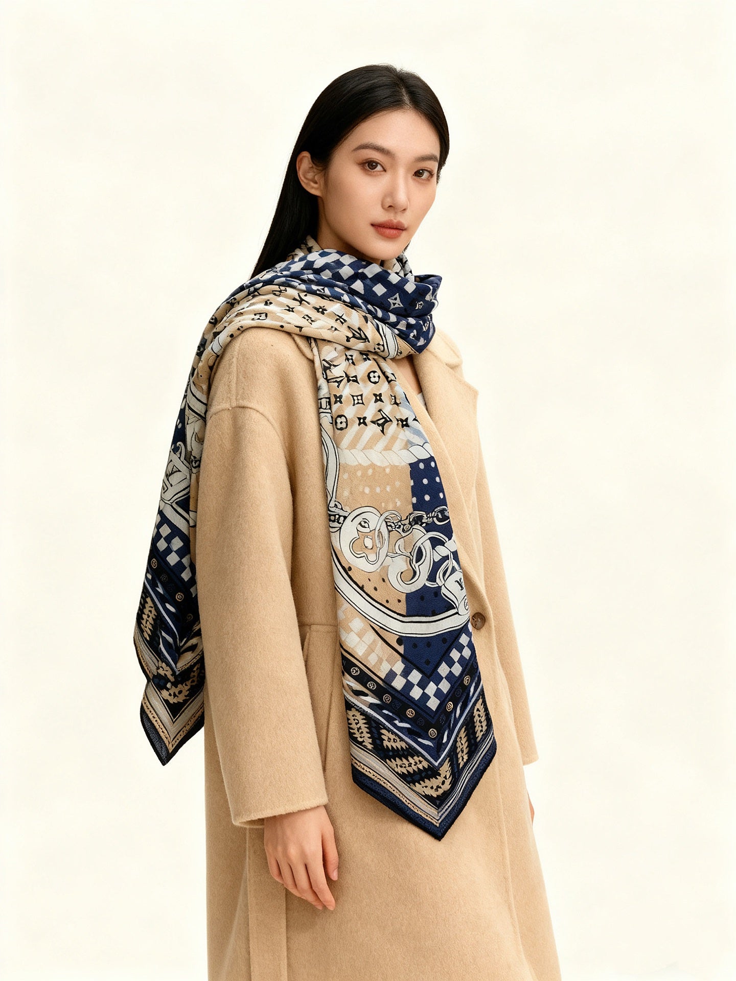 LV X TM Scarf 135CM Blue Beige Cashmere 293198