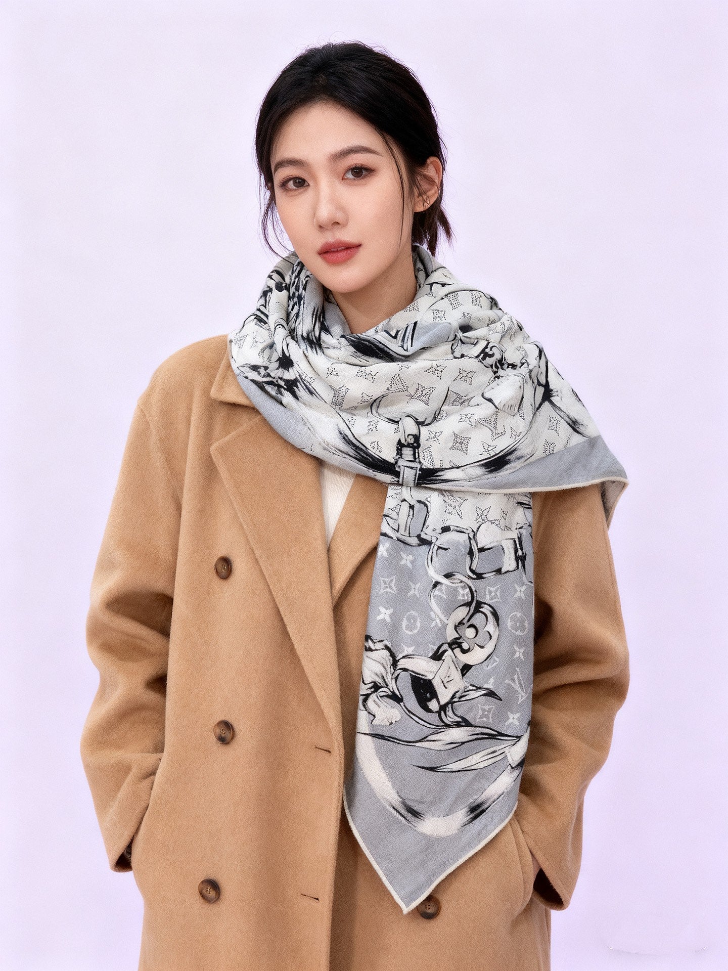 LV X TM Scarf 135CM Gray White Cashmere 293203