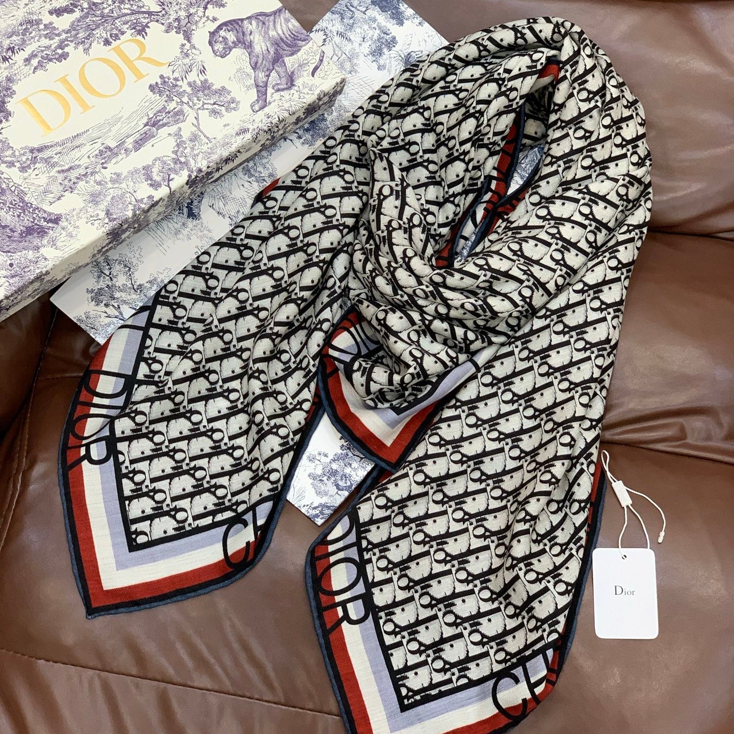 CD Monogram Scarf 140CM Dark Blue Cream Cashmere 293188