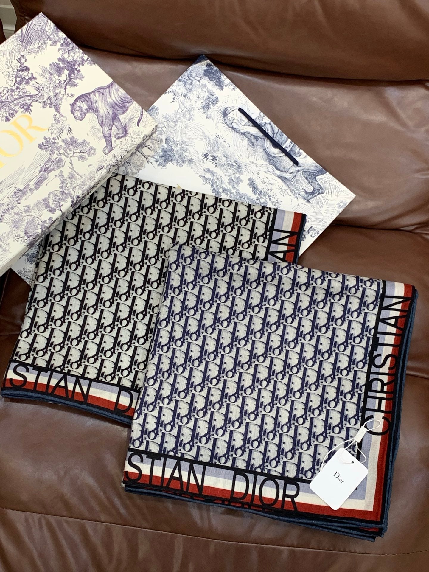 CD Monogram Scarf 140CM Dark Blue White Cashmere 293187