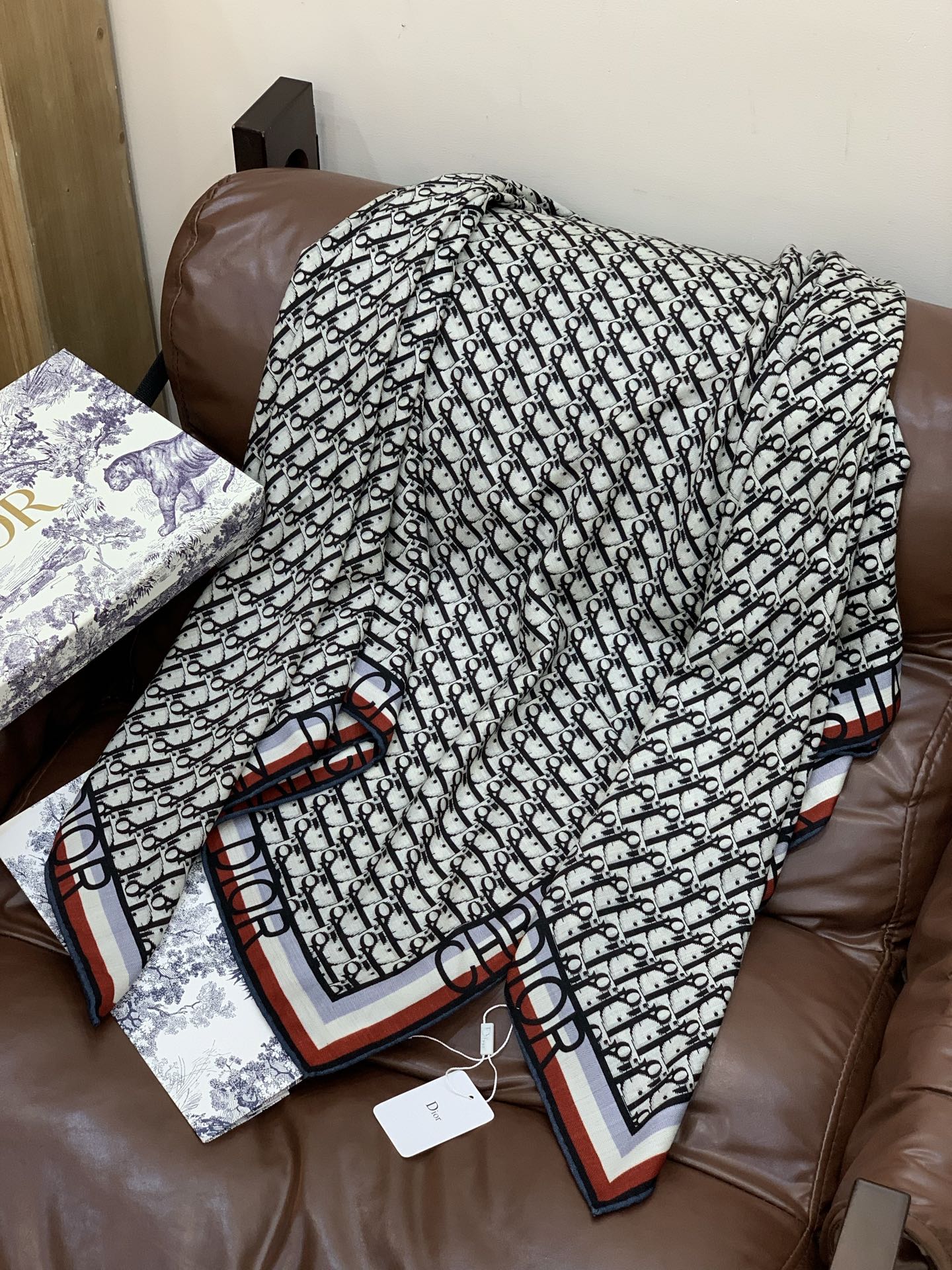 CD Monogram Scarf 140CM Dark Blue Cream Cashmere 293188