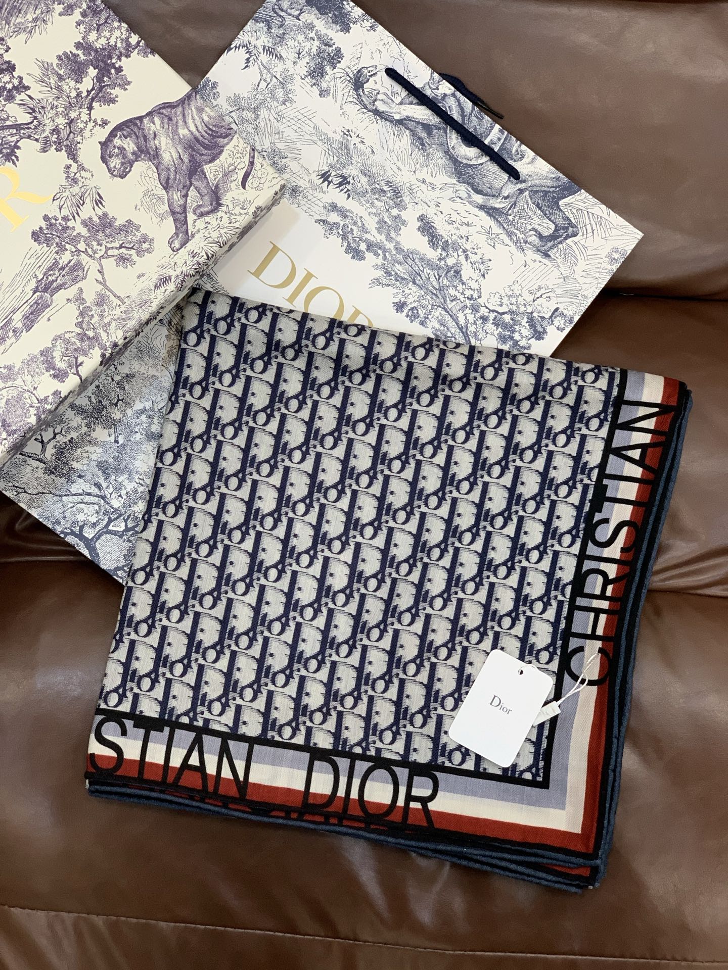 CD Monogram Scarf 140CM Dark Blue White Cashmere 293187