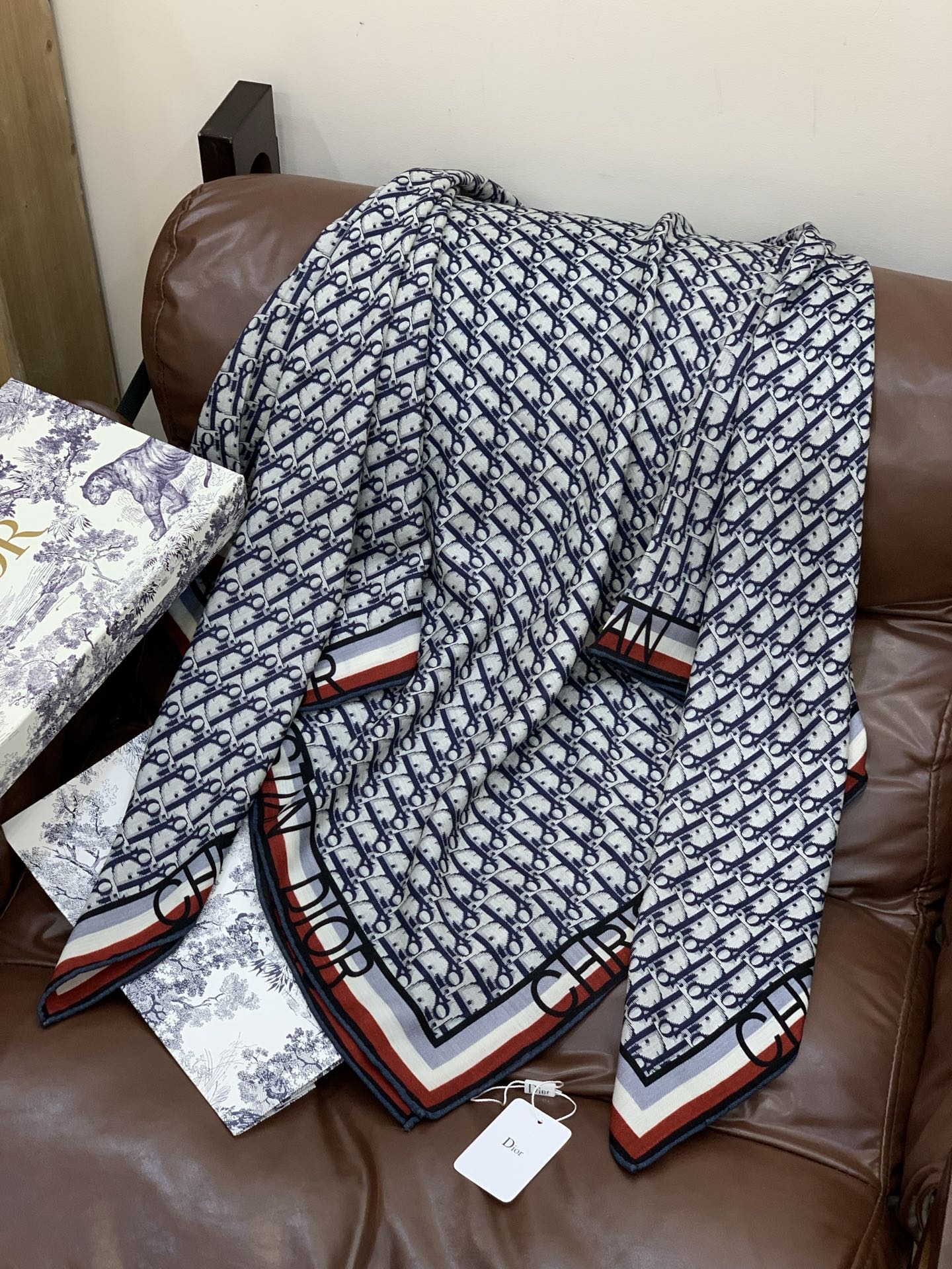 CD Monogram Scarf 140CM Dark Blue White Cashmere 293187