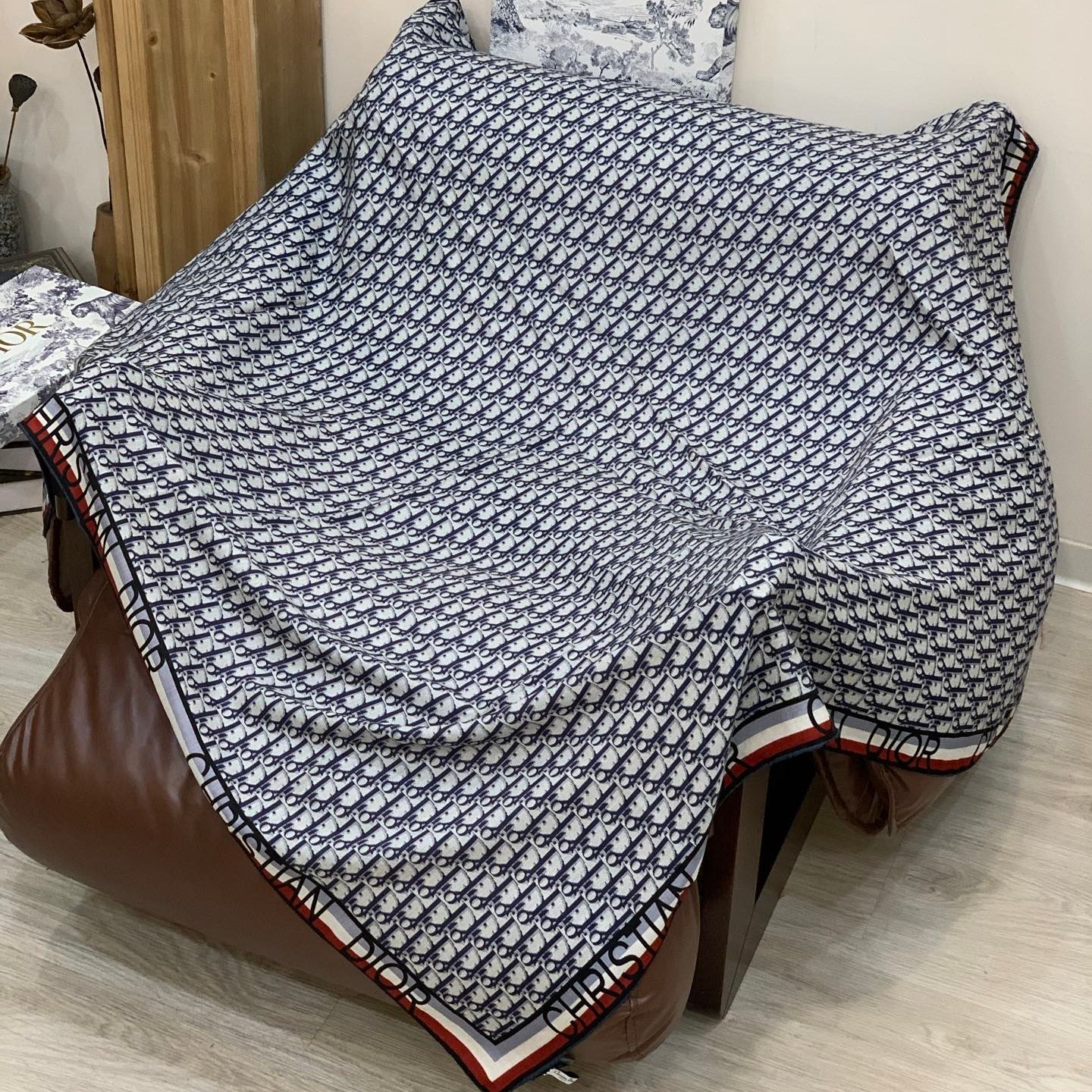 CD Monogram Scarf 140CM Dark Blue White Cashmere 293187