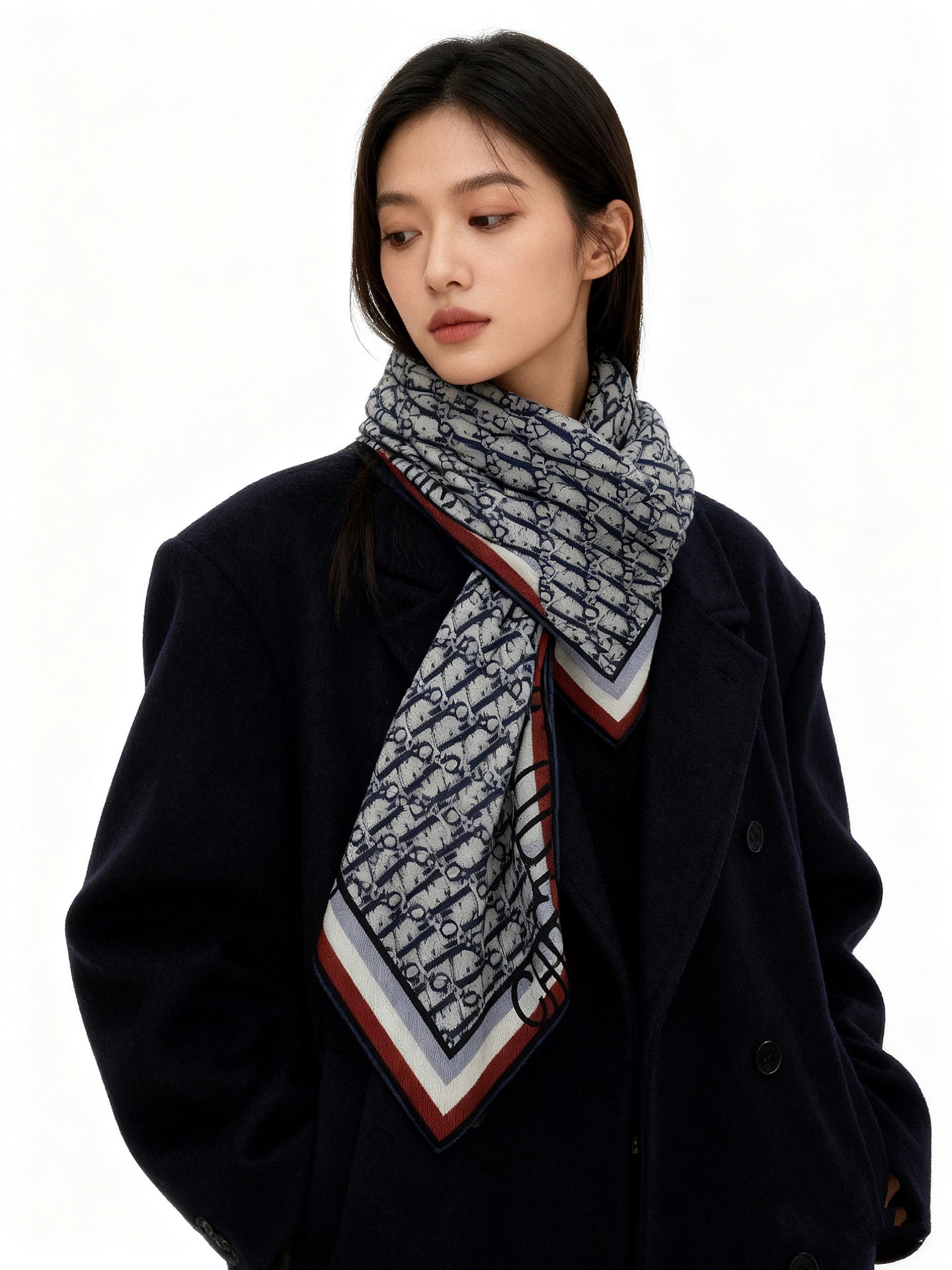 CD Monogram Scarf 140CM Dark Blue White Cashmere 293187