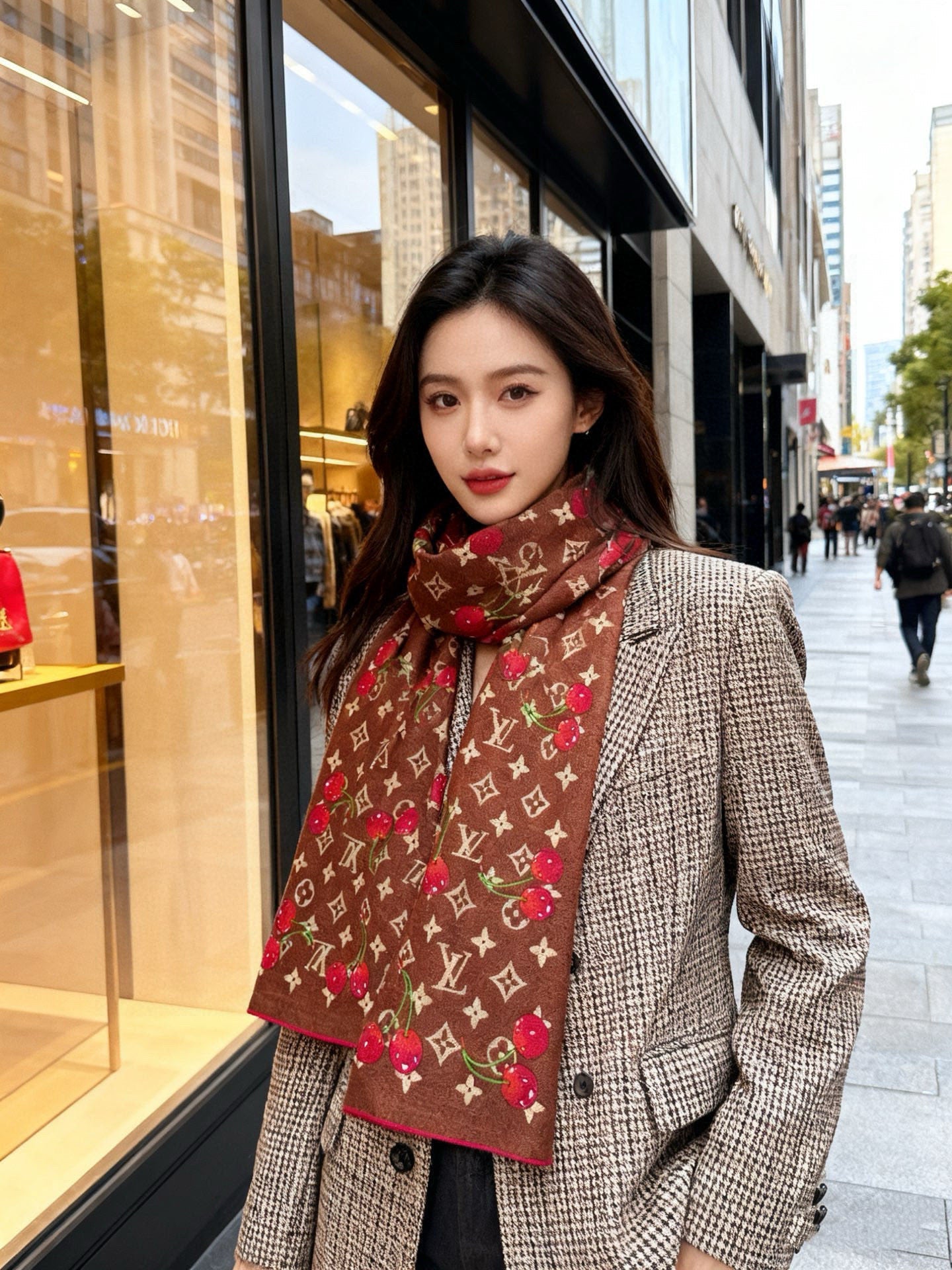 LV X TM Monogram Scarf 180CM Brown Red Cashmere 293169