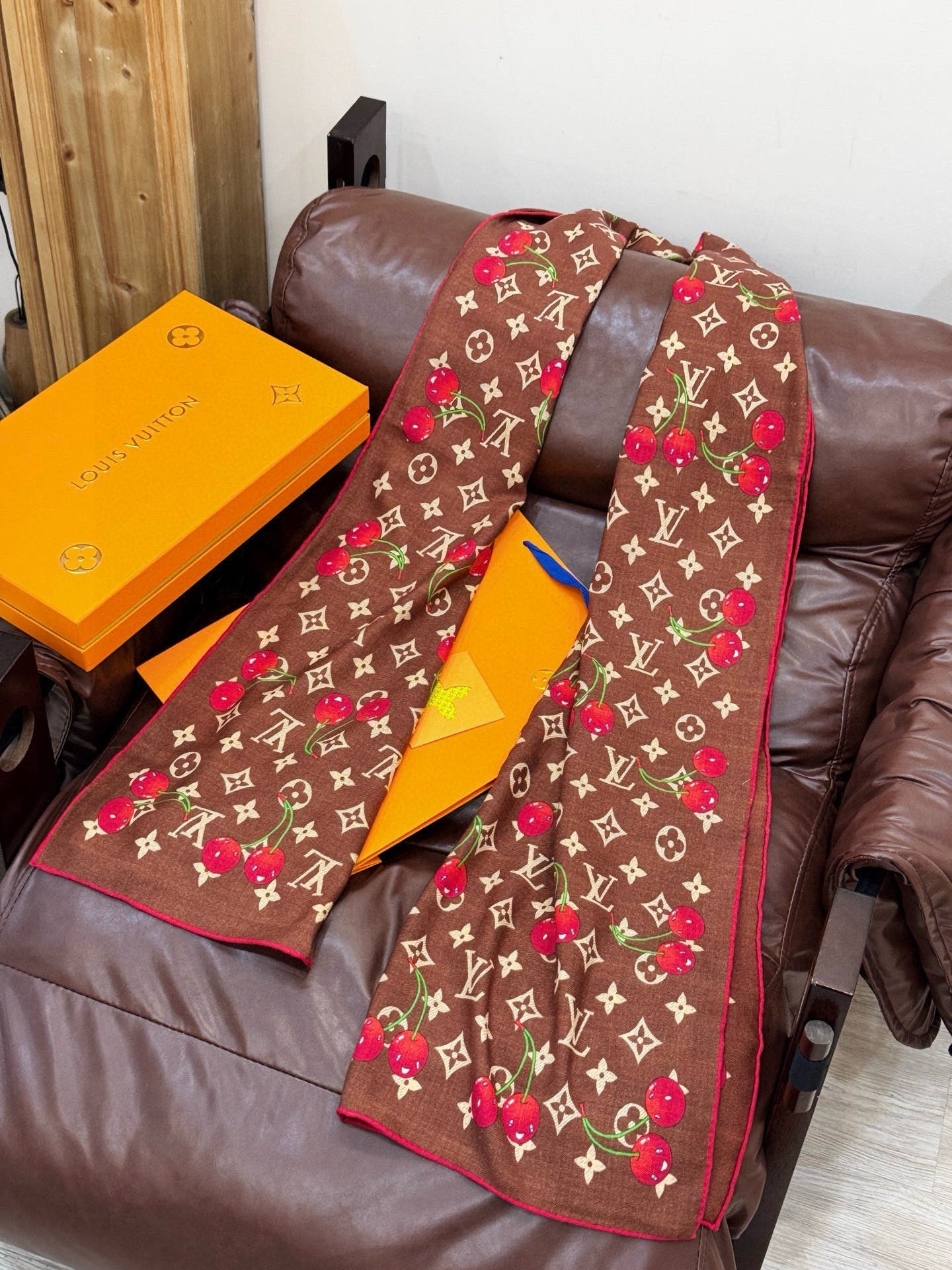 LV X TM Monogram Scarf 180CM Brown Red Cashmere 293169