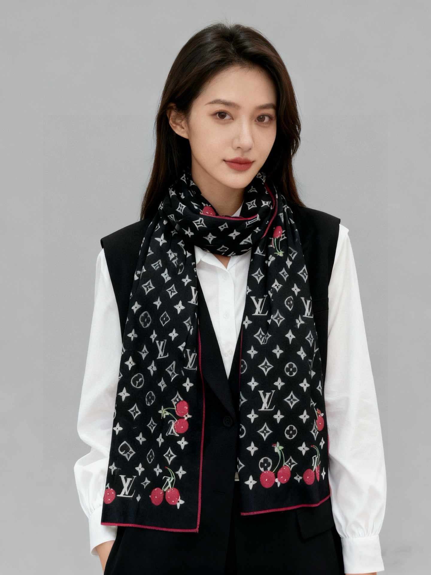 LV X TM Monogram Scarf 180CM Black Red Cashmere 293170