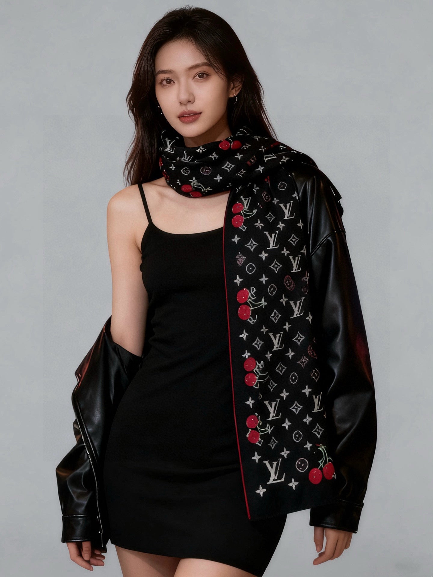 LV X TM Monogram Scarf 180CM Black Red Cashmere 293170