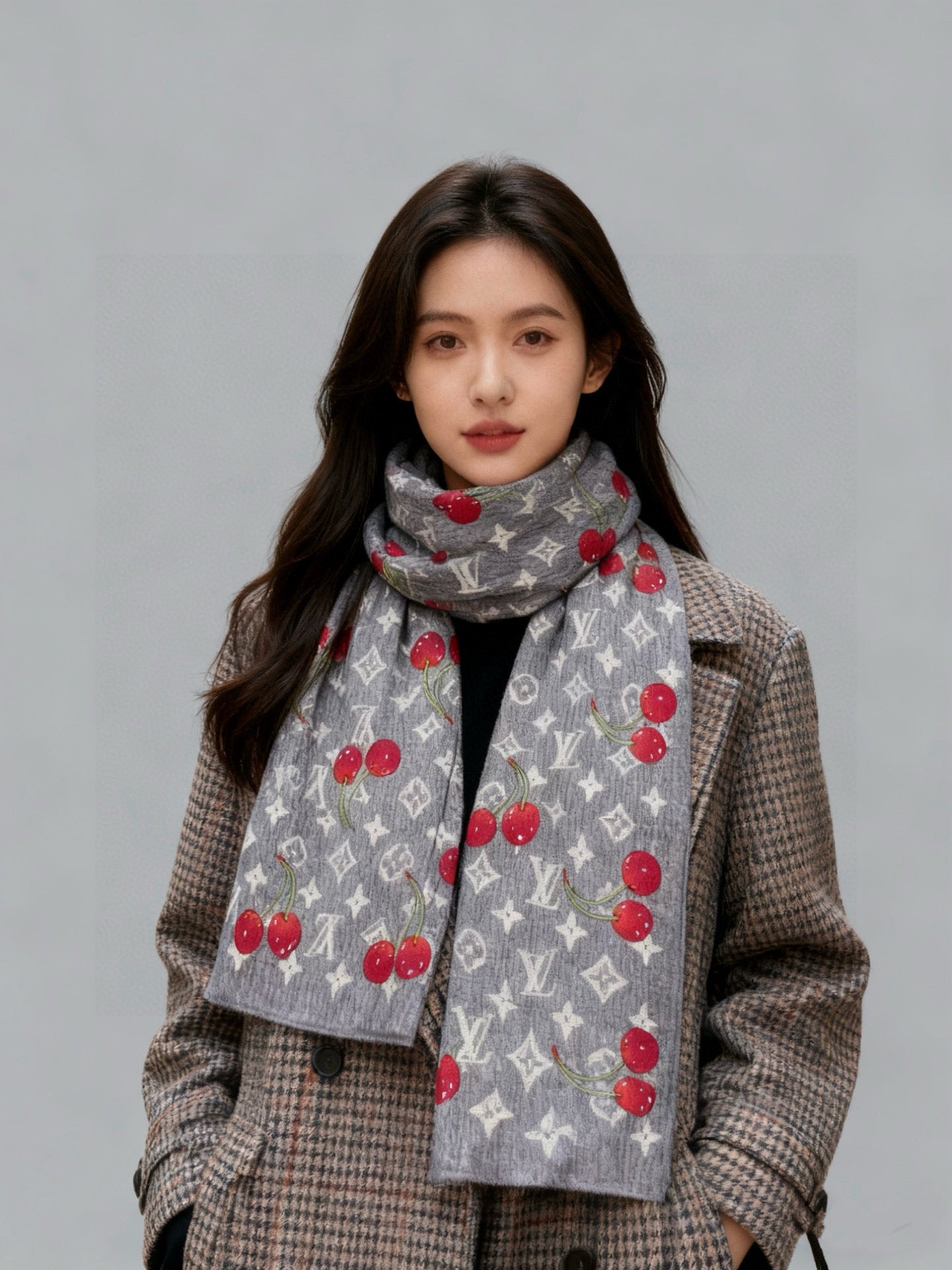 LV X TM Monogram Scarf 180CM Gray Red Cashmere 293171