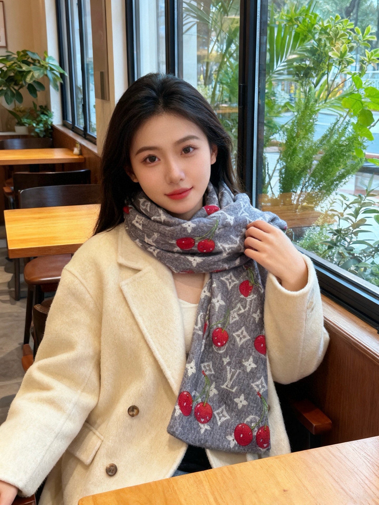 LV X TM Monogram Scarf 180CM Gray Red Cashmere 293171