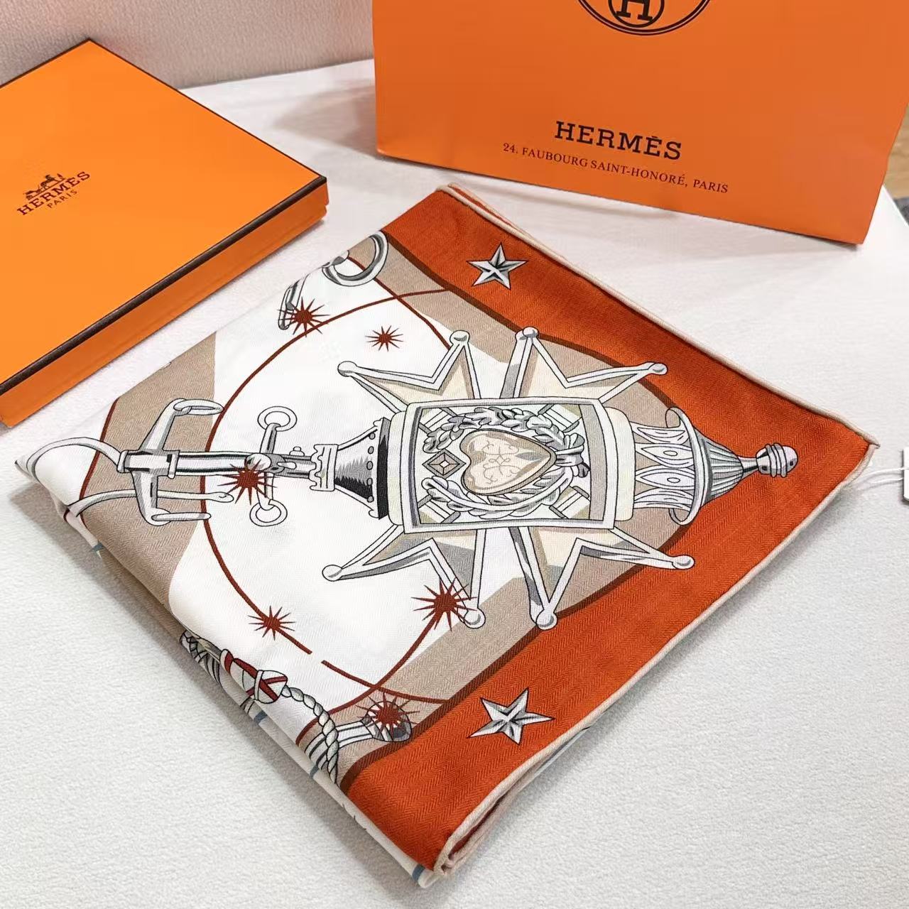 HM  Creative Origins Scarf 135CM Orange White Cashmere Silk 969436