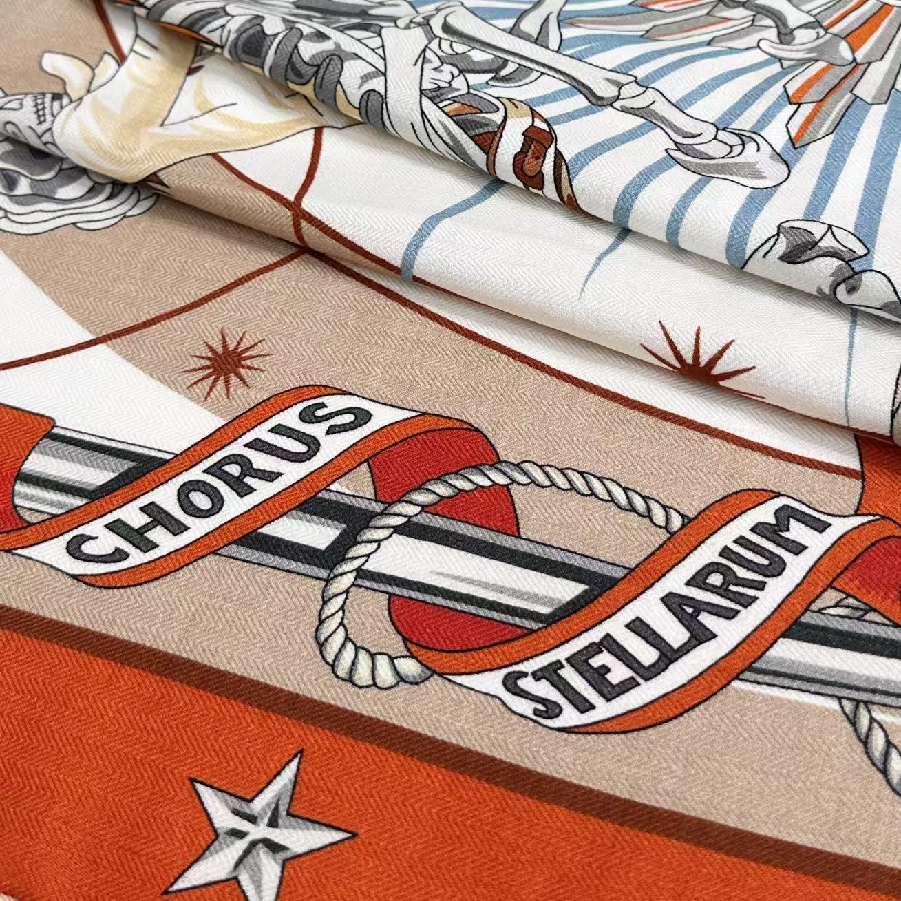 HM  Creative Origins Scarf 135CM Orange White Cashmere Silk 969436