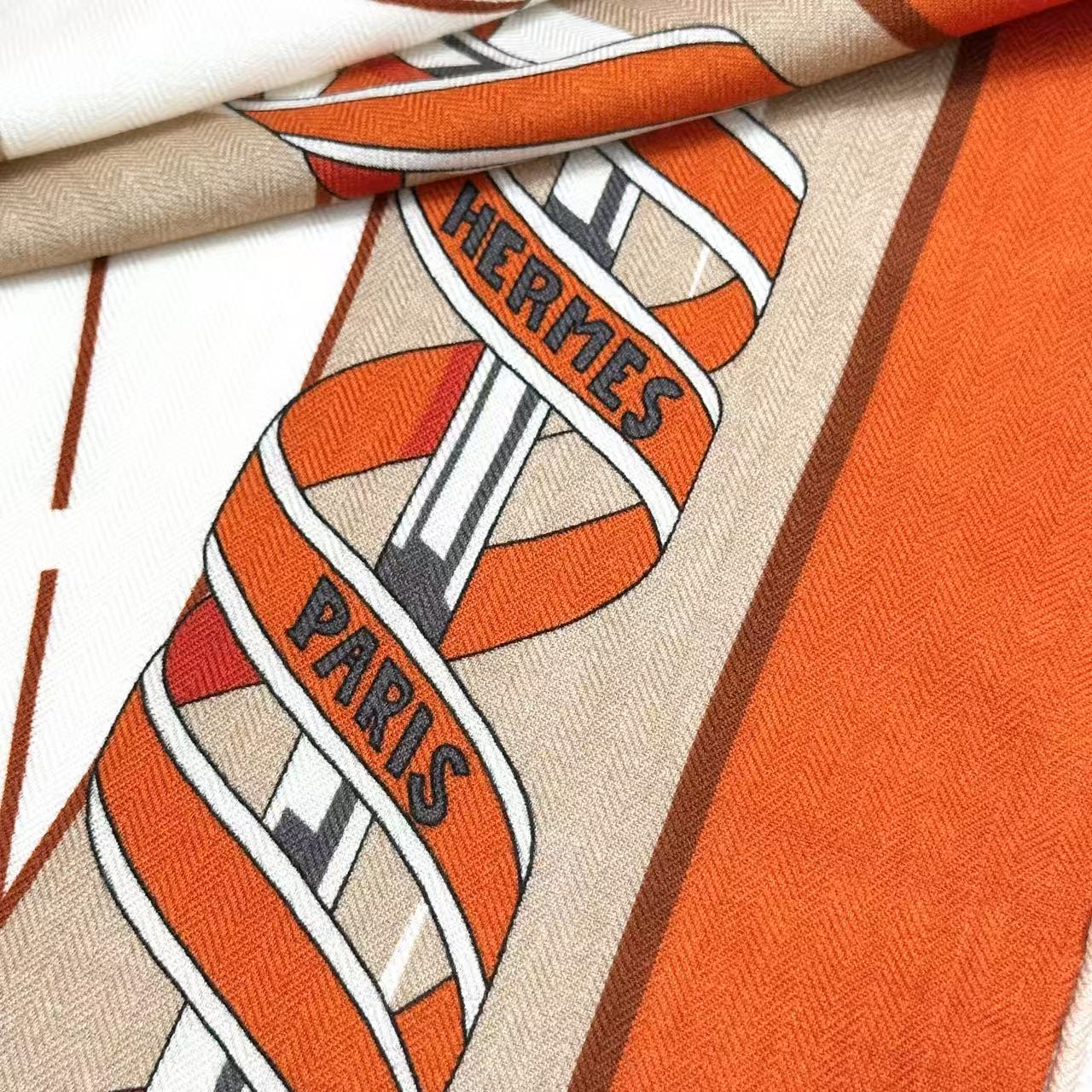 HM  Creative Origins Scarf 135CM Orange White Cashmere Silk 969436