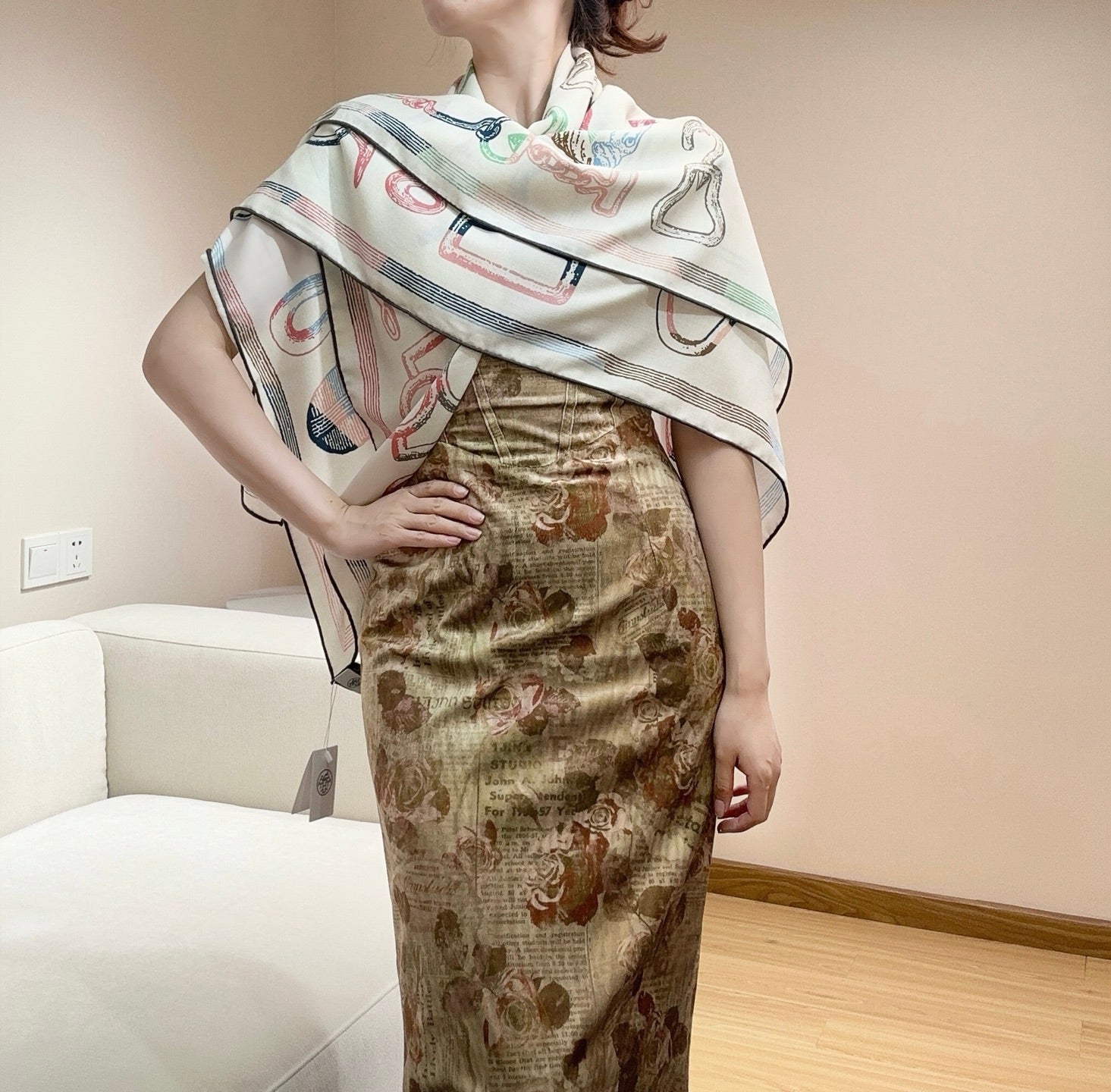 HM Reversible Shawl Scarf 135CM White Pink Cashmere Silk 969422