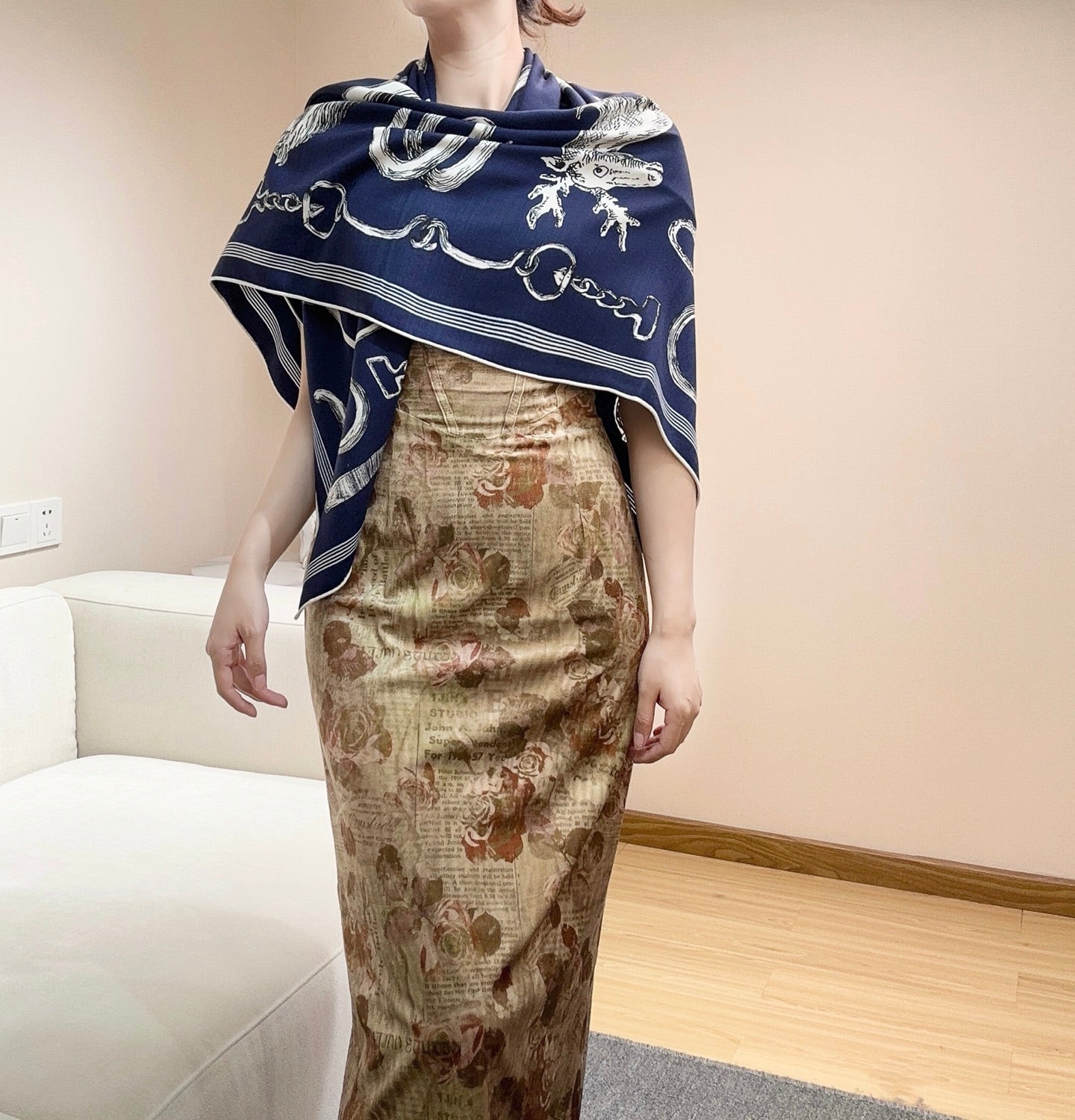 HM  Creative Origins Scarf 135CM Blue Cashmere Silk 969423