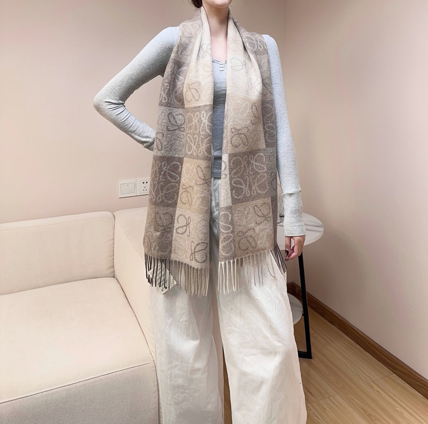 Loewe Scarf 180CM  Light Brown Gray Wool Cashmere 968611