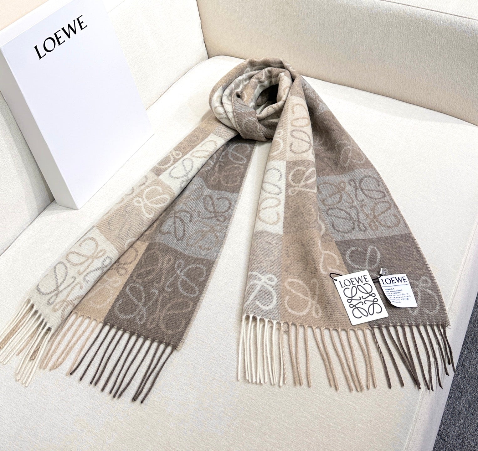 Loewe Scarf 180CM  Light Brown Gray Wool Cashmere 968611