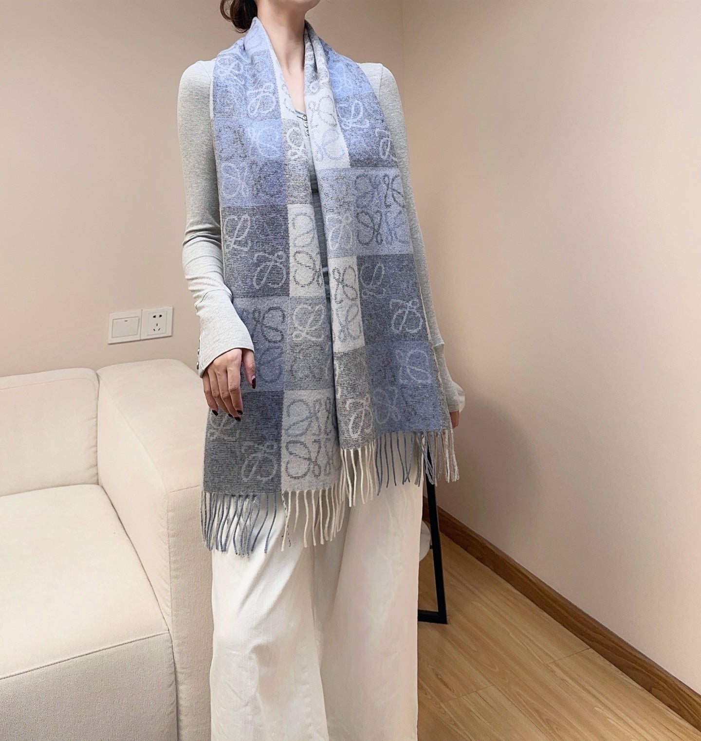 Loewe Scarf 180CM  Light Blue Gray Wool Cashmere 968613