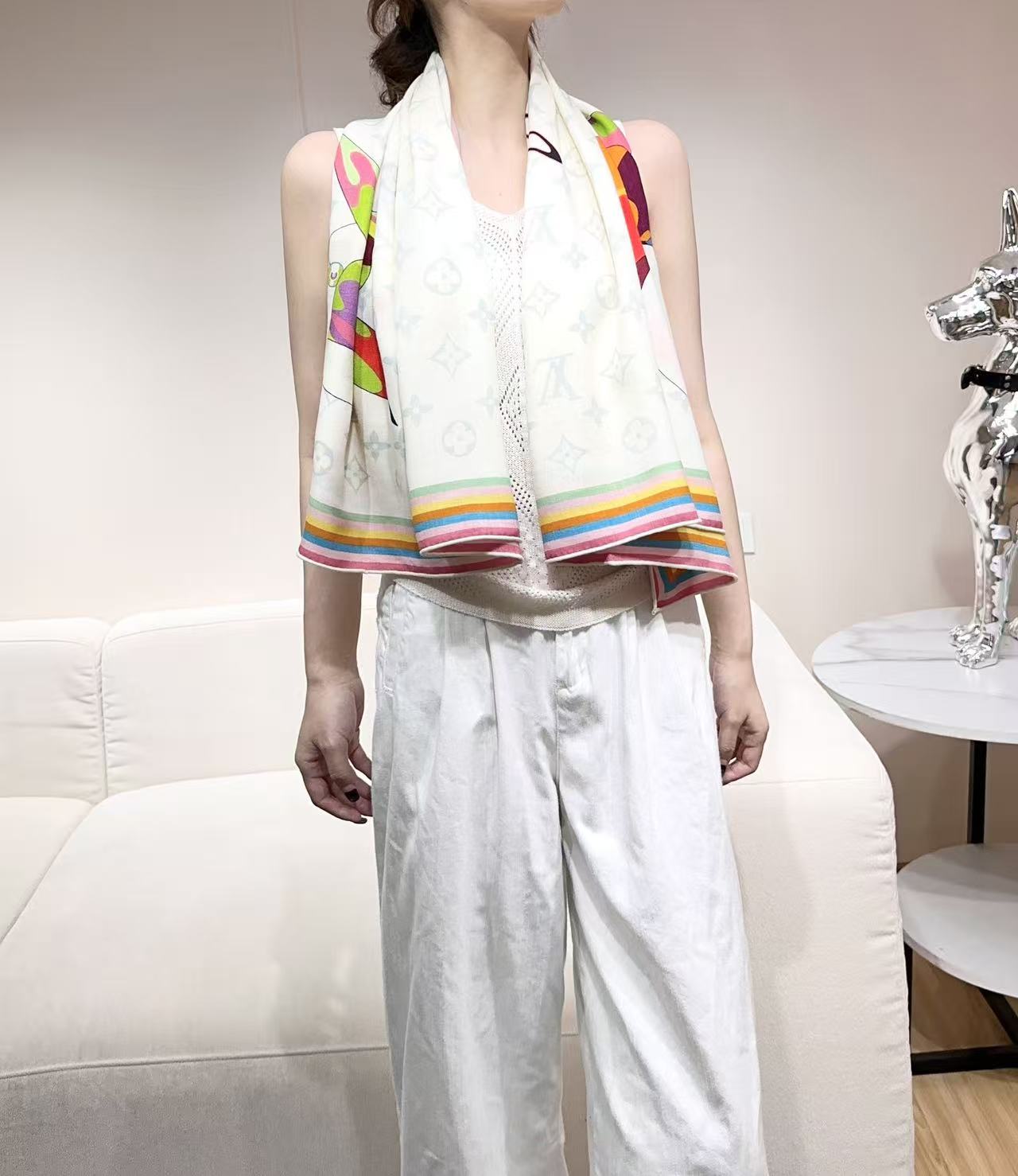 LV x TM SUPERFLAT 140cm White Multicolor Silk Wool 978742
