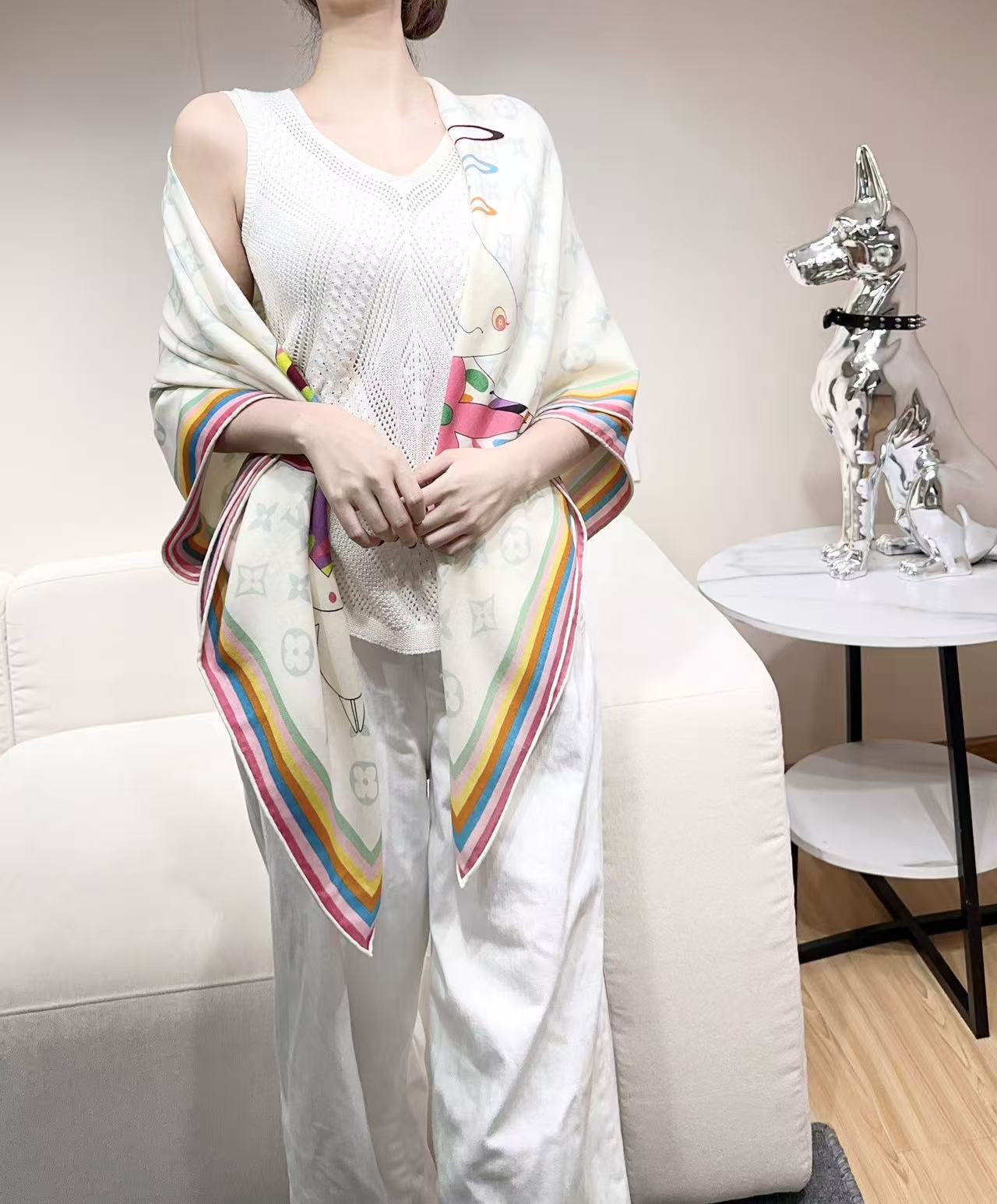 LV x TM SUPERFLAT 140cm White Multicolor Silk Wool 978742