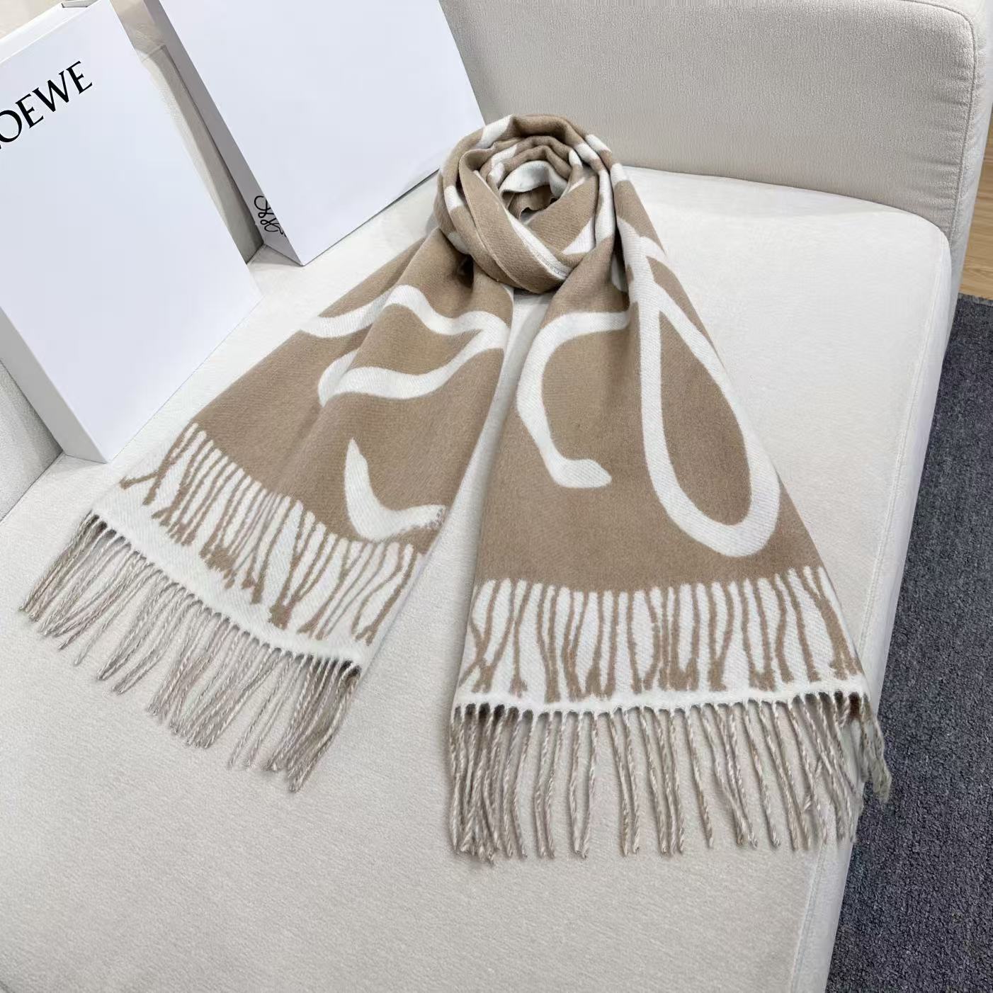 Loewe Scarf 180CM Beige White Cashmere 962789