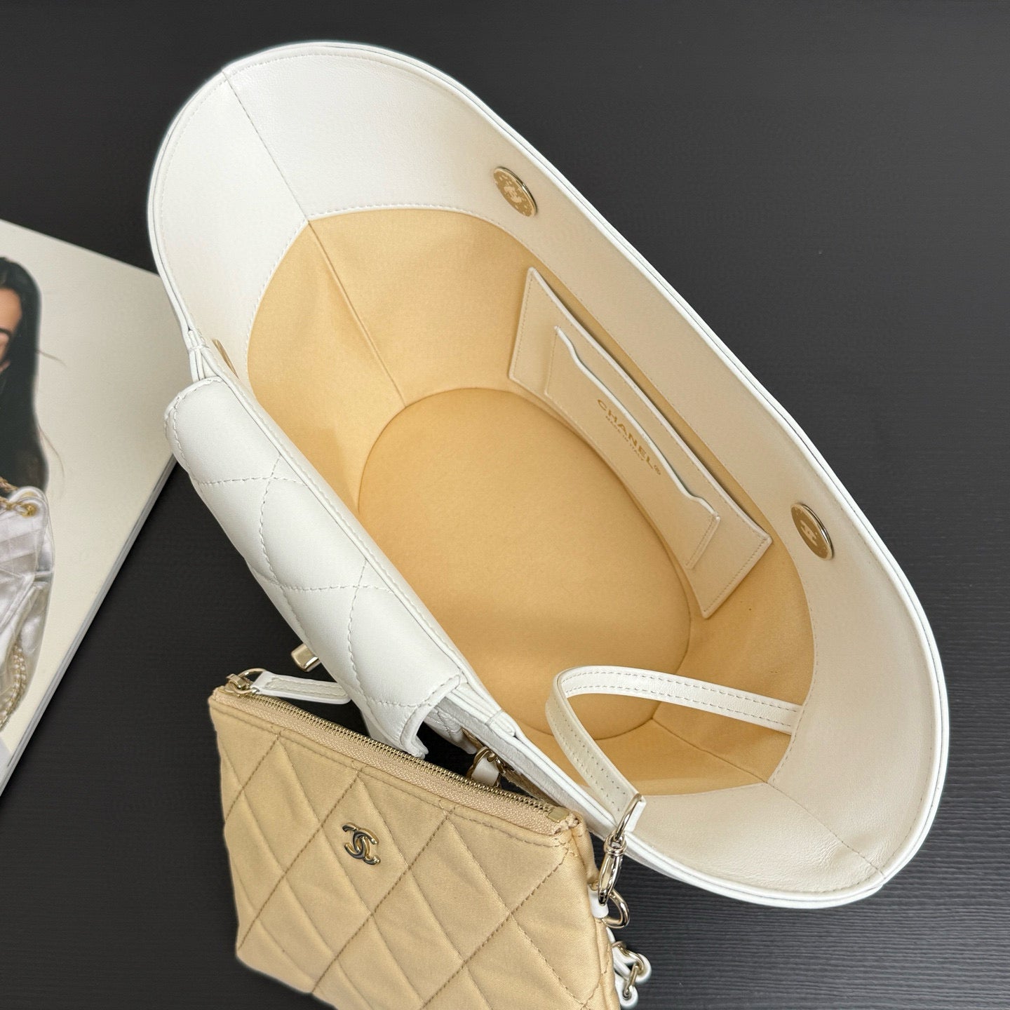 Chanel 2026 Shopping Bag 34cm Beige White Straw Lambskin