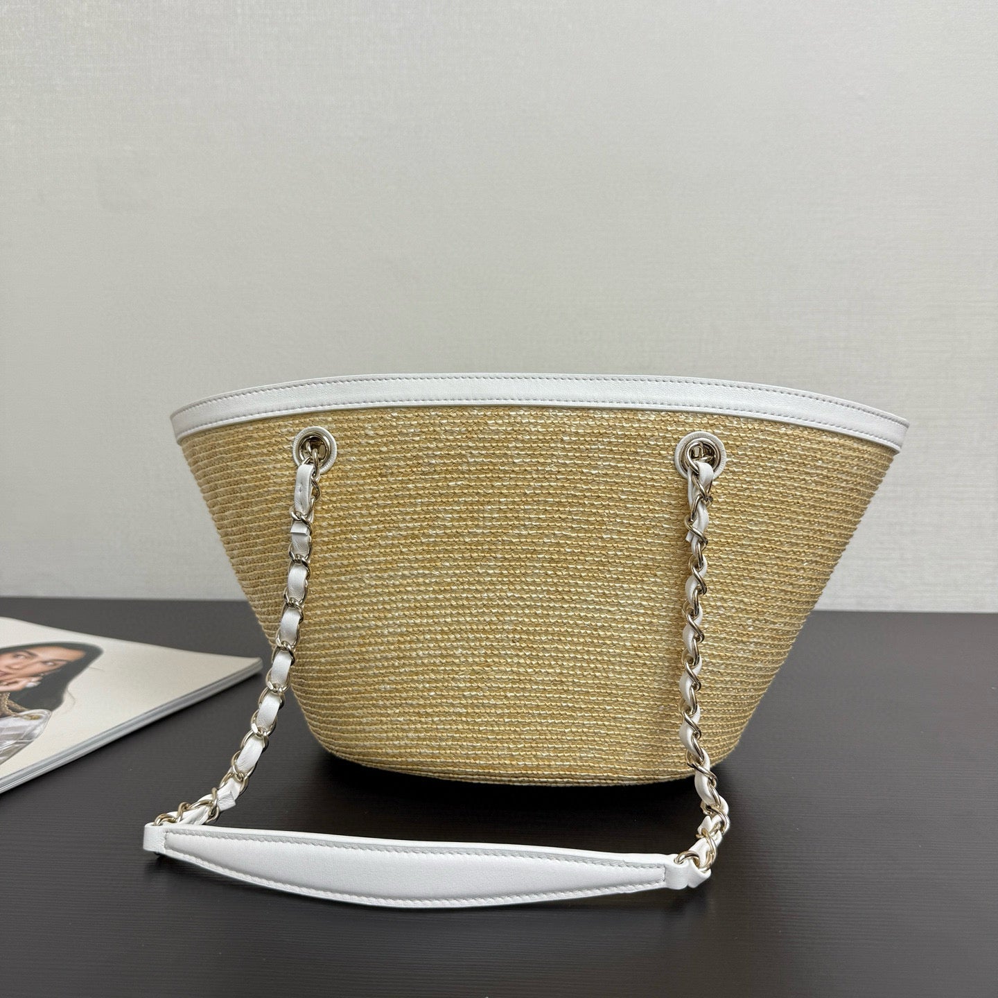 Chanel 2026 Shopping Bag 34cm Beige White Straw Lambskin