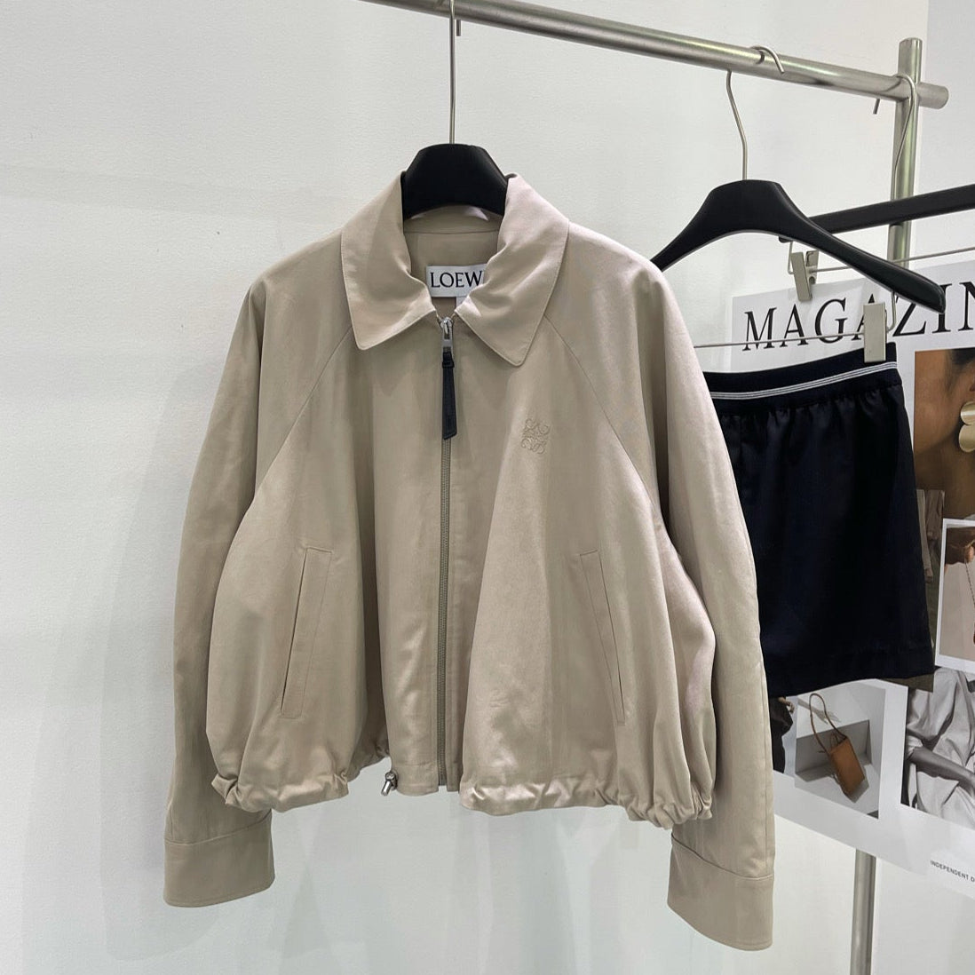 Loewe 2025 Zippered Short Trench Coat Light Khaki Cotton 217881