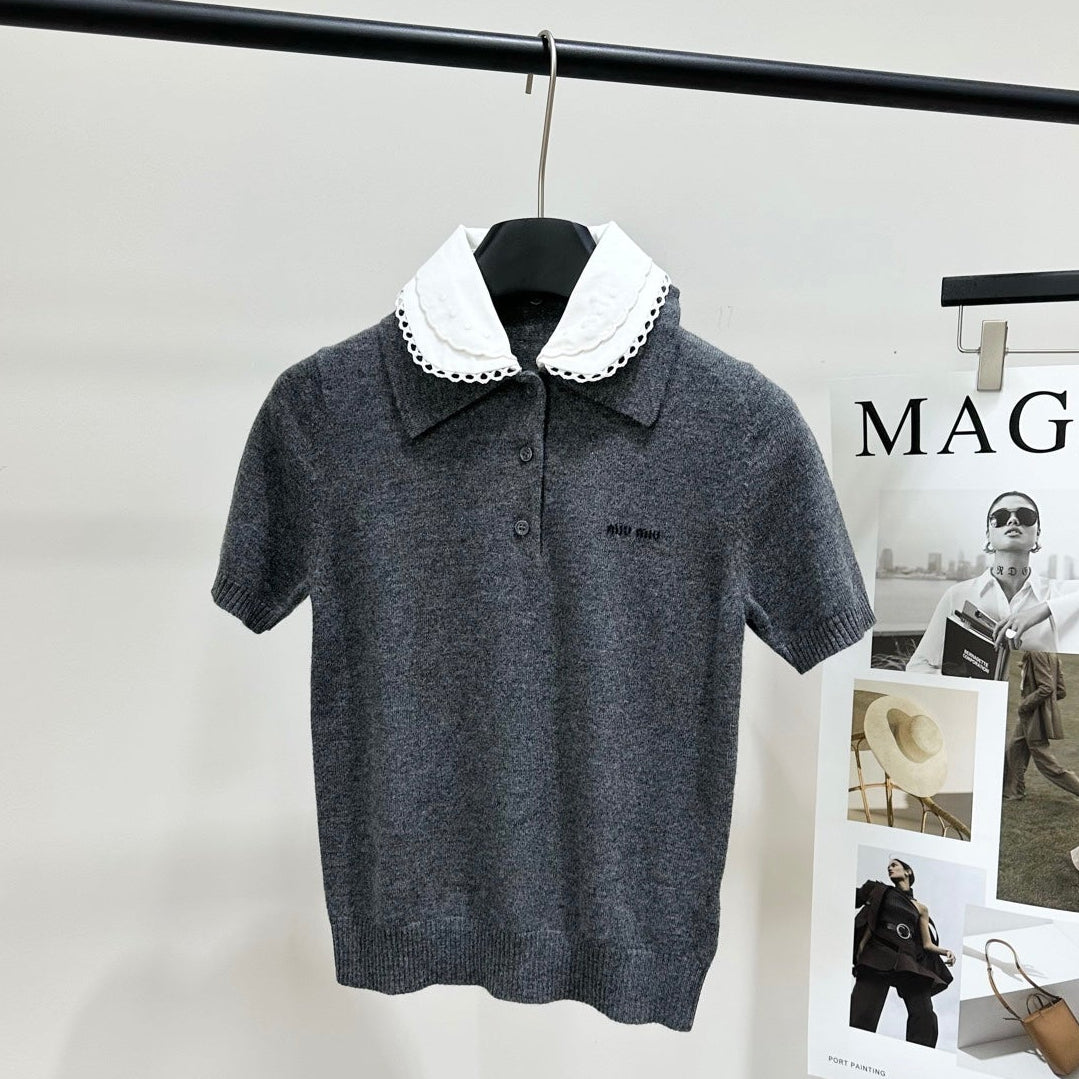 Miumiu 2026 Lace Peter Pan Collar Polo Knit Short-Sleeve T-Shirt Grey Cashmere