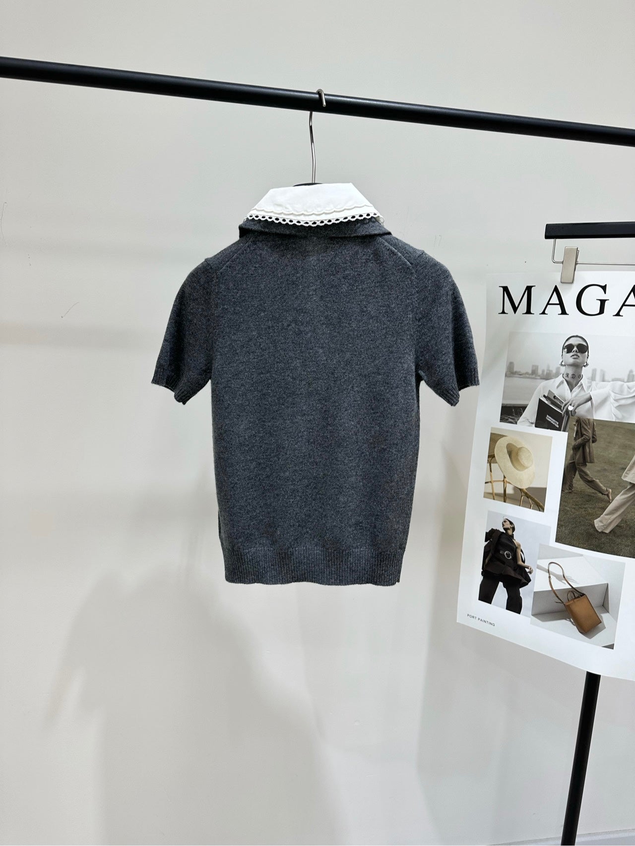 Miumiu 2026 Lace Peter Pan Collar Polo Knit Short-Sleeve T-Shirt Grey Cashmere