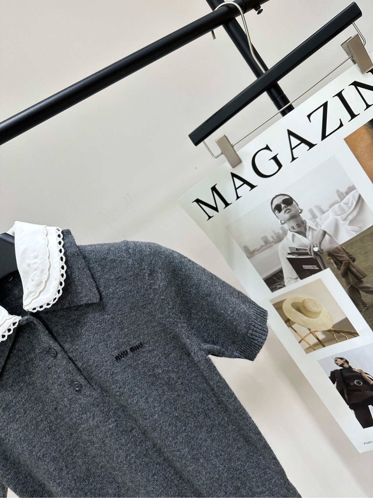 Miumiu 2026 Lace Peter Pan Collar Polo Knit Short-Sleeve T-Shirt Grey Cashmere