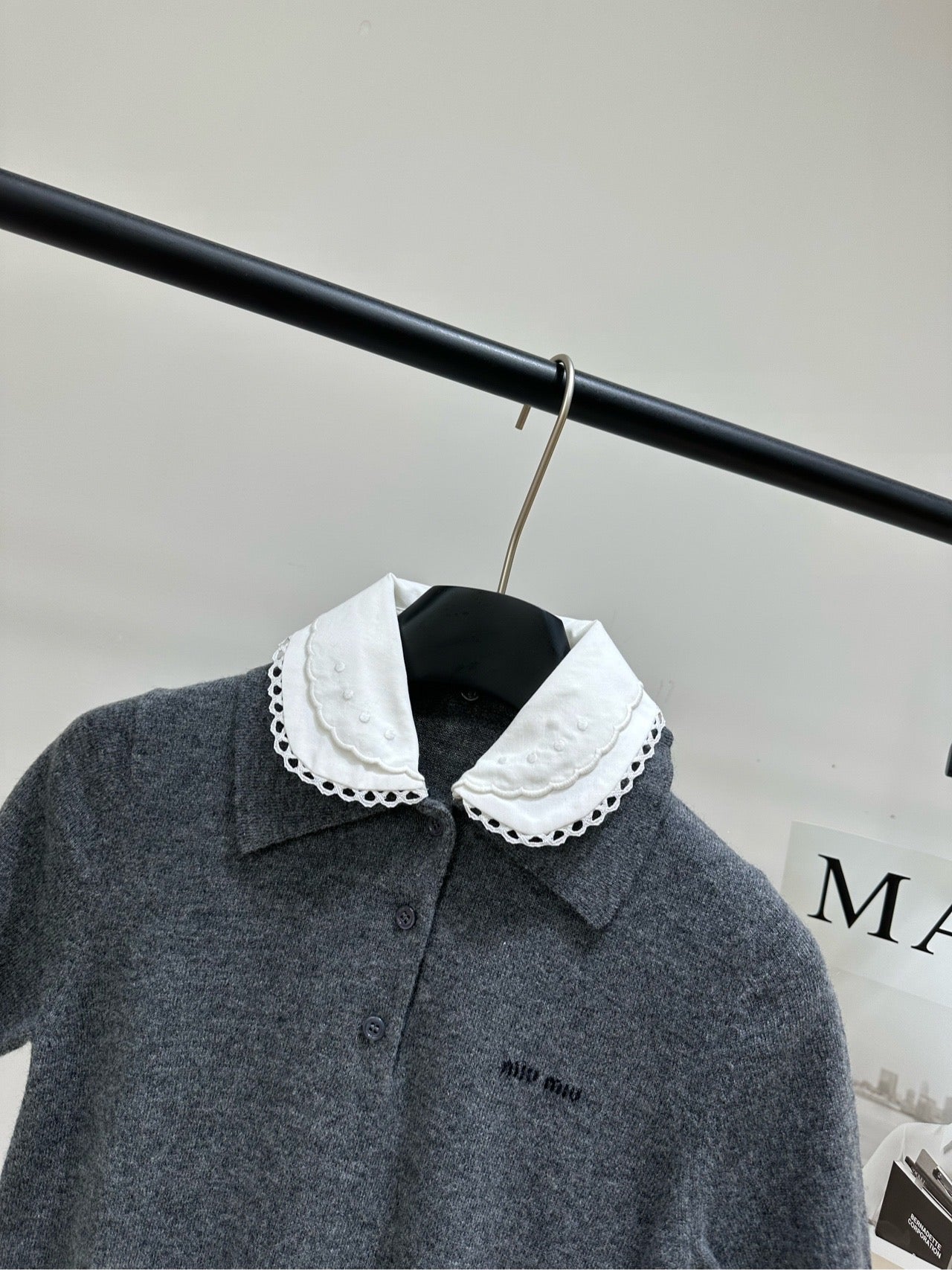 Miumiu 2026 Lace Peter Pan Collar Polo Knit Short-Sleeve T-Shirt Grey Cashmere