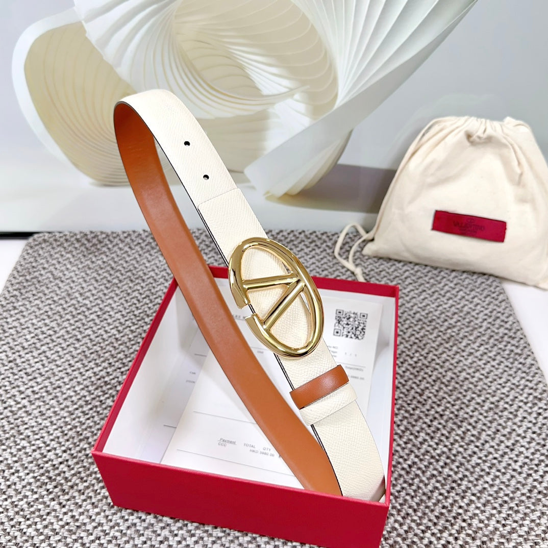 The Bold Edition Reversible Belt 30mm Cream Brown Grained Calfskin Gold Buckle