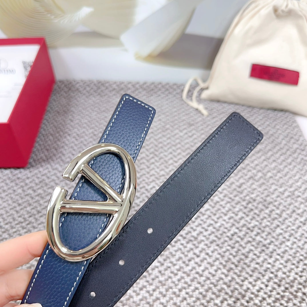 The Bold Edition Reversible Belt 30mm Blue Black Grained Calfskin Silver Buckle