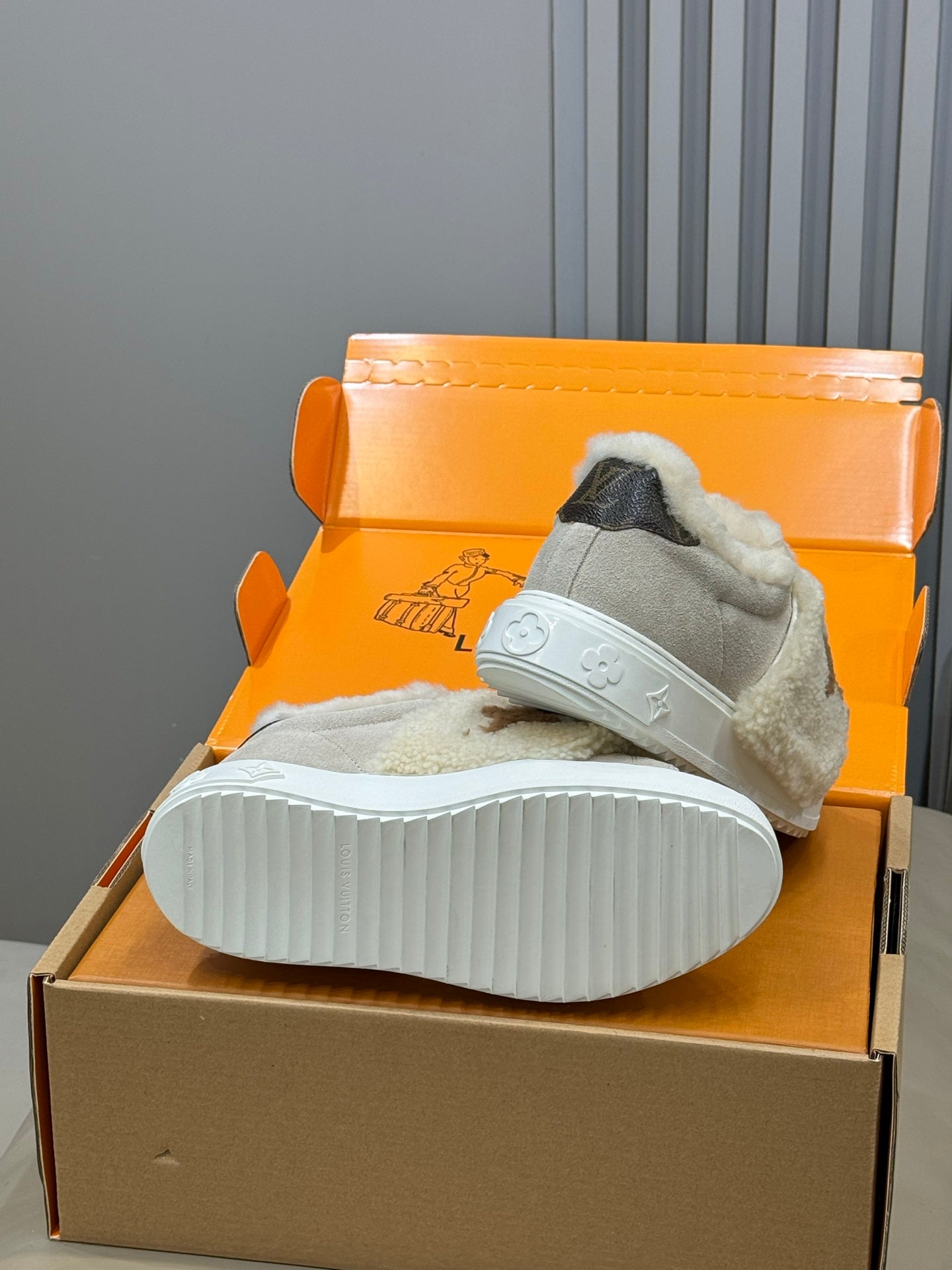 LV 25 Velcro Furry Sneakers Light Gray Beige Suede Wool 576951