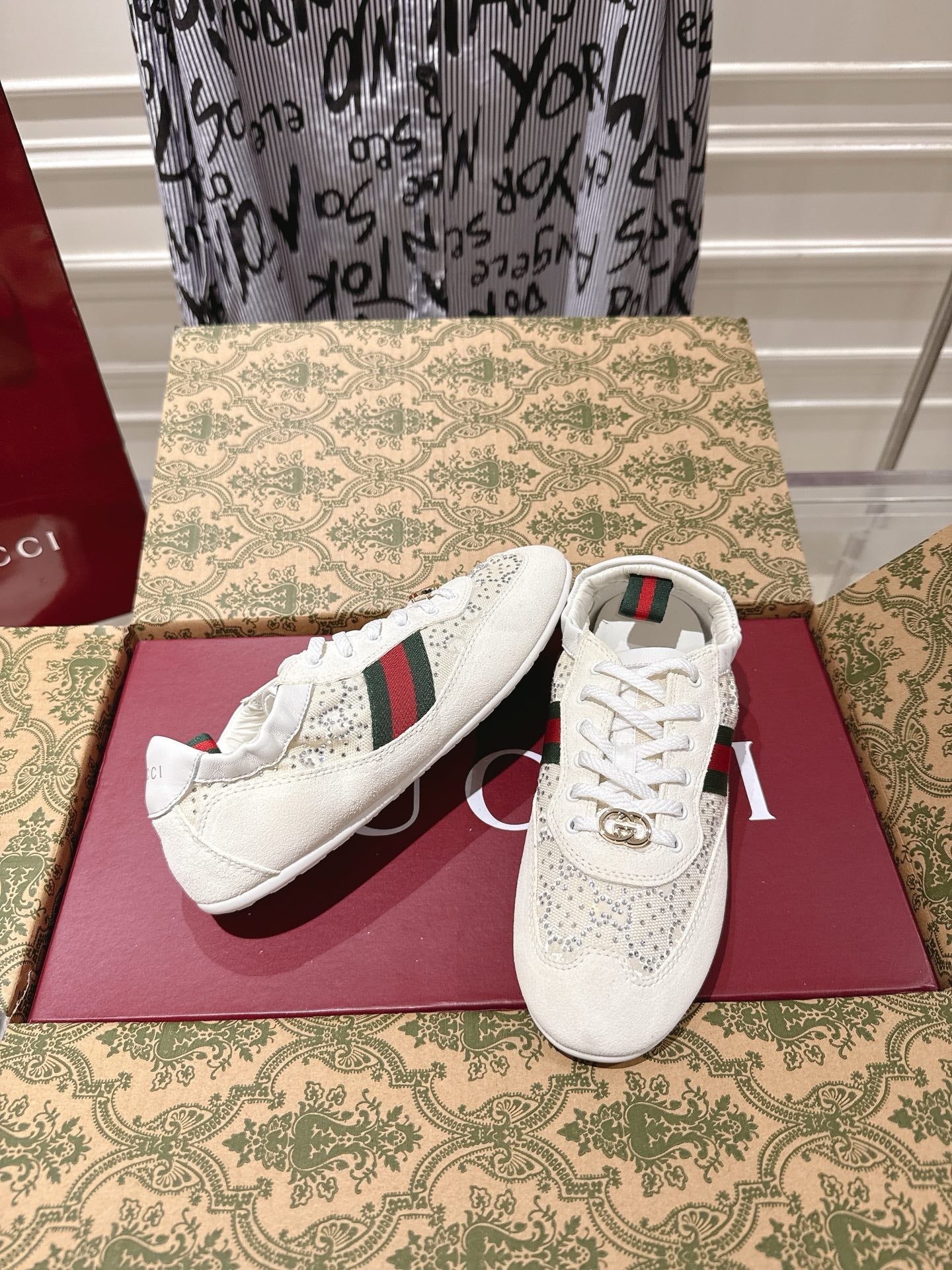Gucci 2025 Shift GG Crystal Sneaker Off-white Suede Fabric