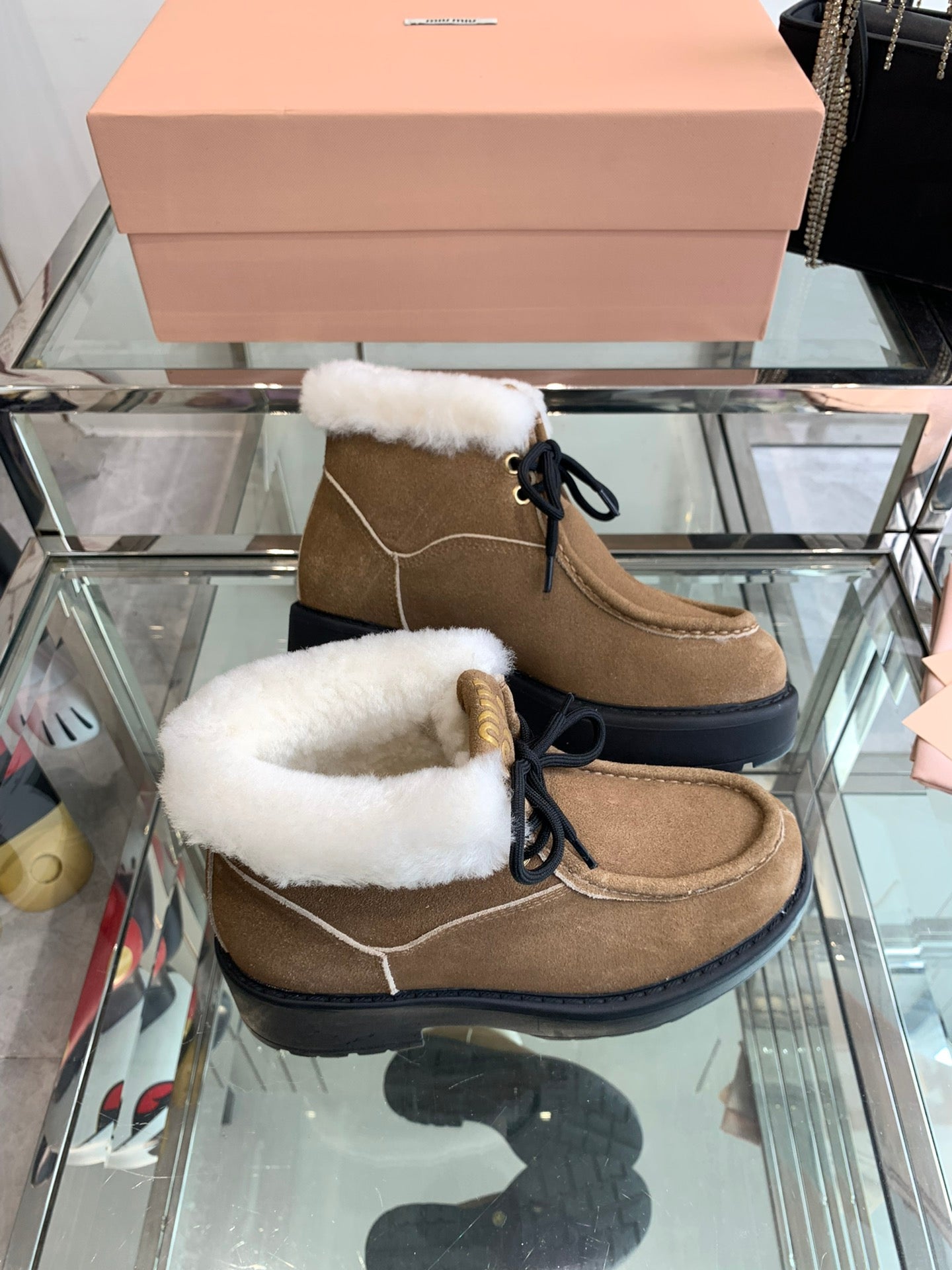 Miu Short Wool Boots Vintage Brown Open-Hemmed Cowhide