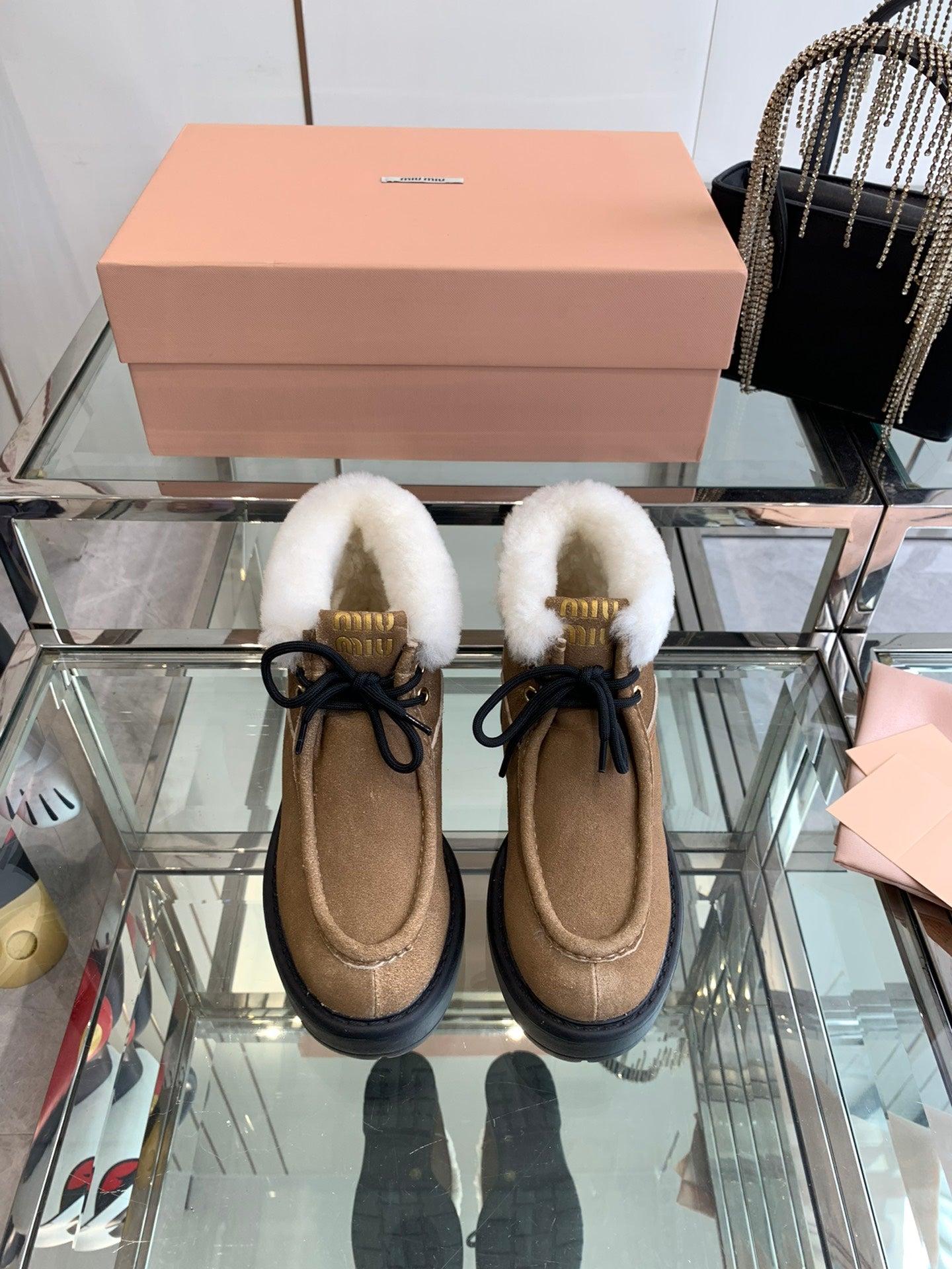 Miu Short Wool Boots Vintage Brown Open-Hemmed Cowhide