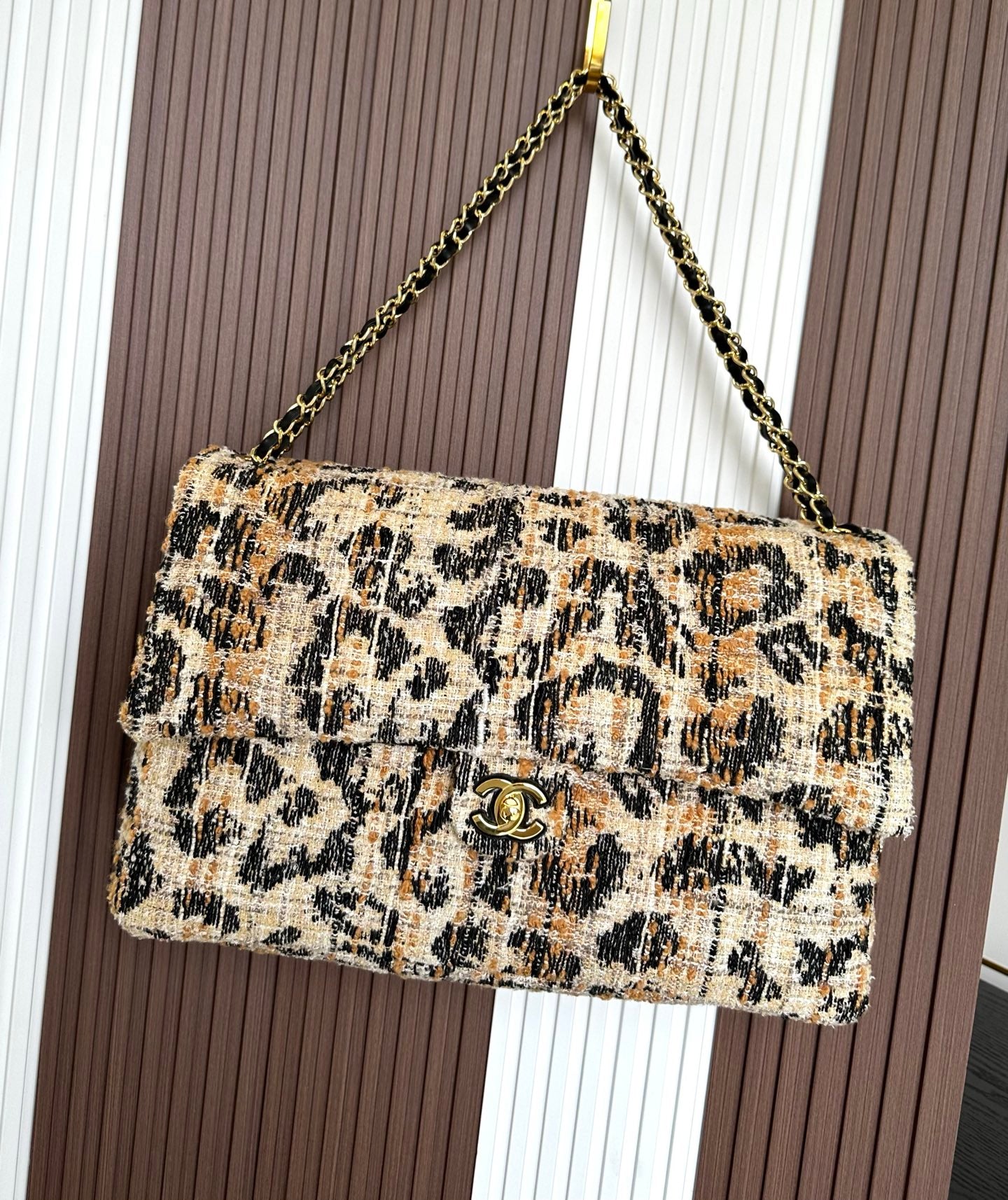 Chanel 2026 Leopard Print CF Maxi Flap Bag Tweed Leather