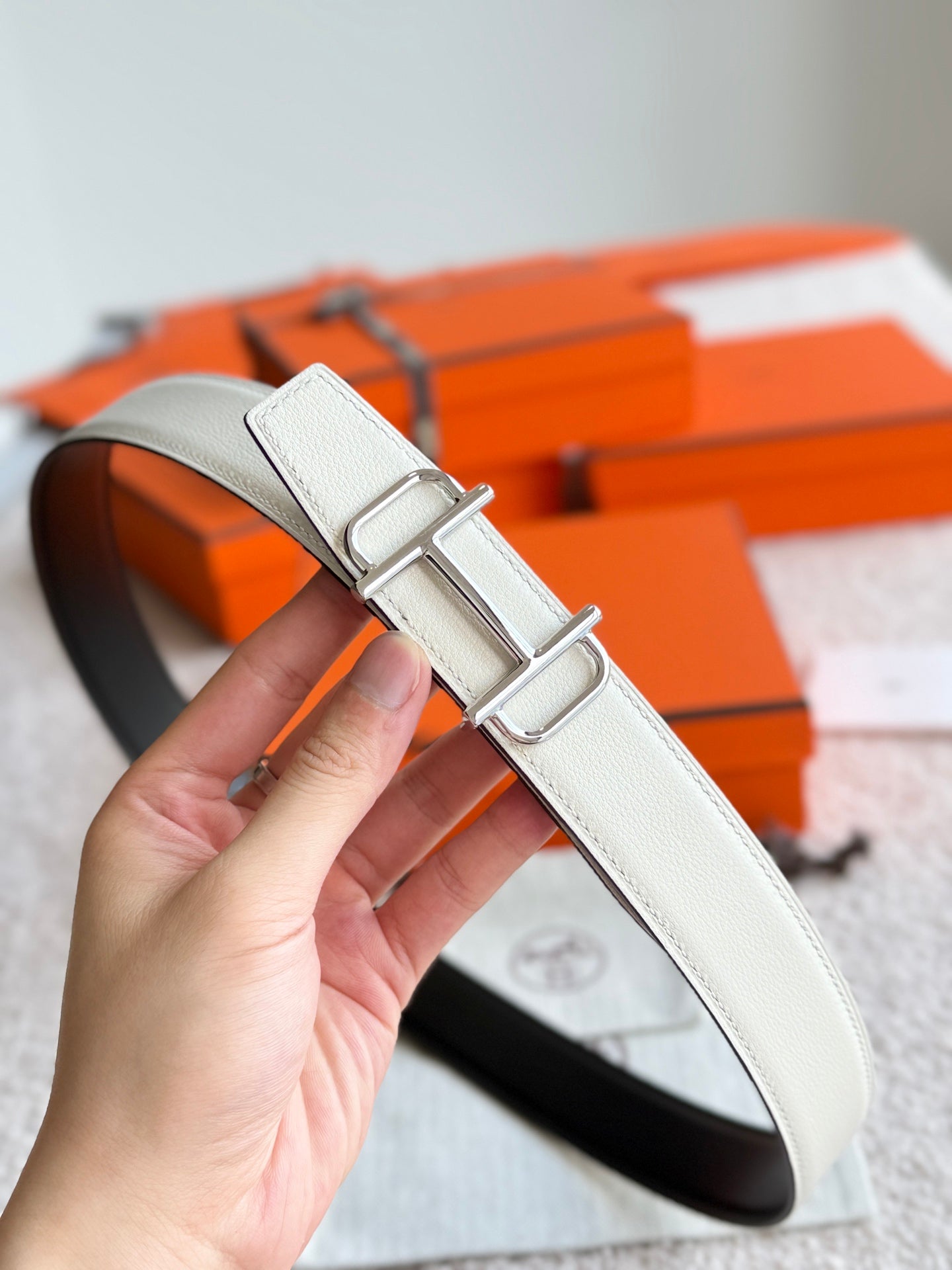 HM Silver Buckle 32mm Royal Belt Ivory Leather 188424