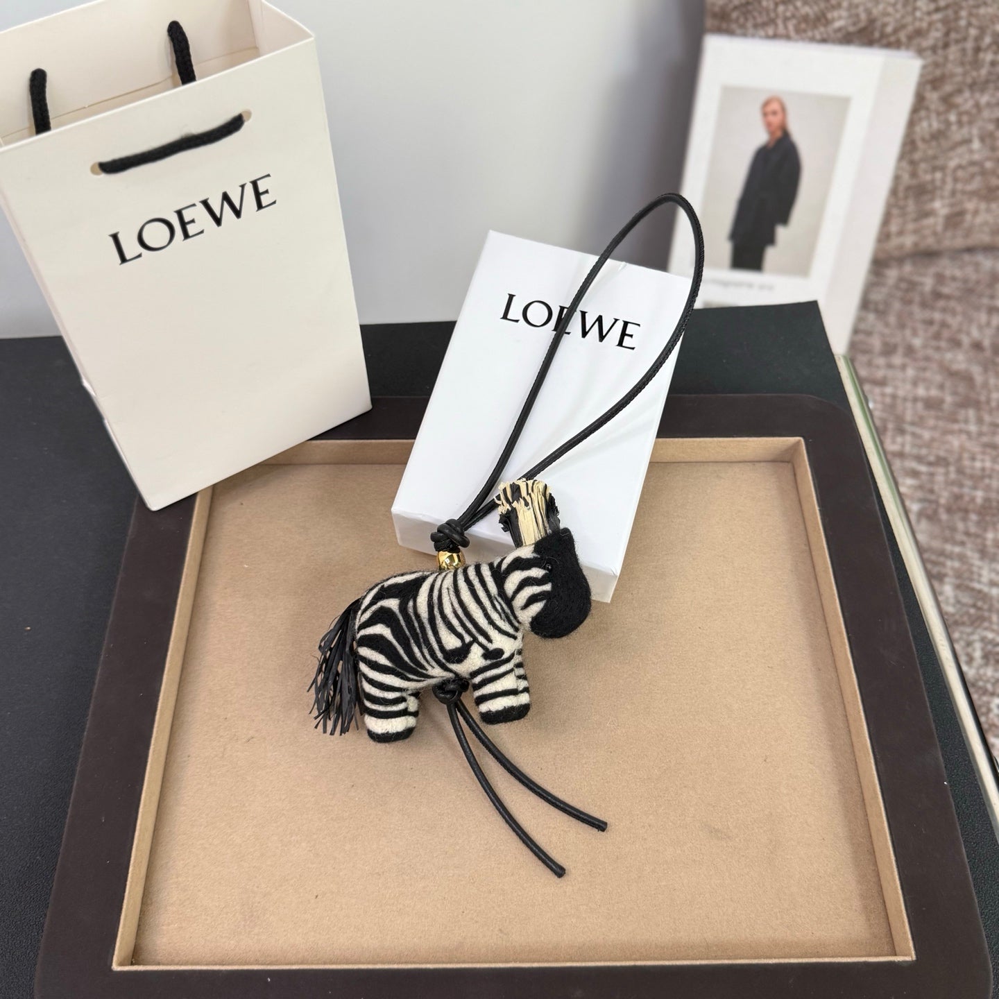 Loewe x Paula's Ibiza Zebra Bag Charm Black And Off-white Raffia Leather