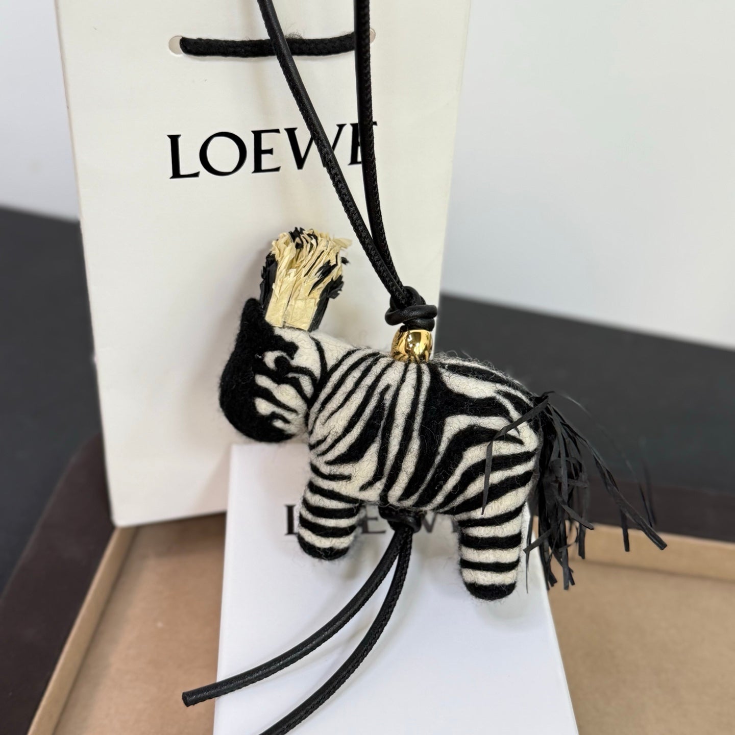 Loewe x Paula's Ibiza Zebra Bag Charm Black And Off-white Raffia Leather